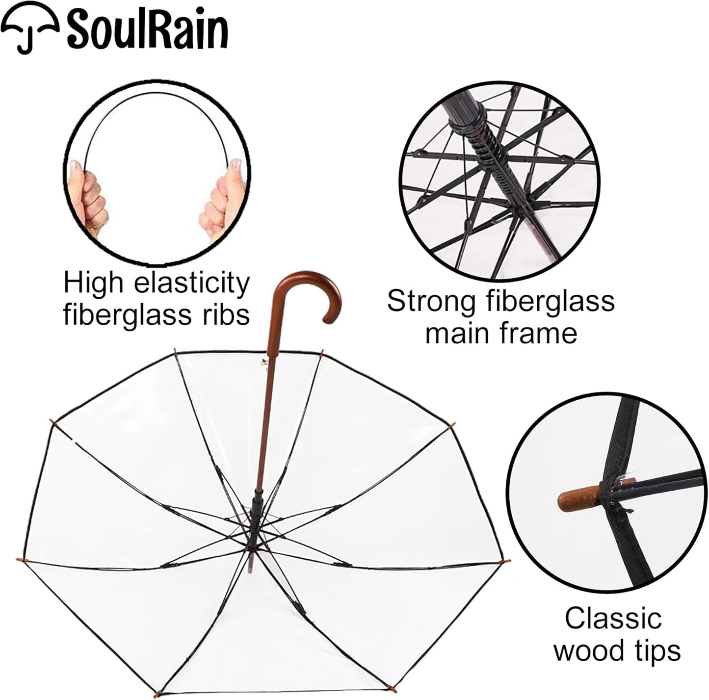 SoulRain 48" Clear Bubble Umbrella – Large Transparent Umbrella for Rain, Windproof & Automatic Open, Wedding Umbrellas for Women & Men, Vintage Stick Cane with Wooden Handle(Clear)