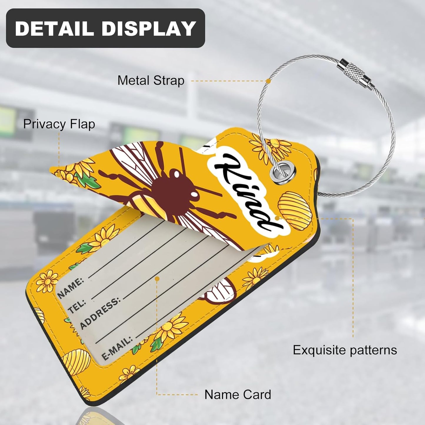 2Pack Luggage Tags for Suitcases, Cute Unique Pu Leather Cruise Luggage Tag with Privacy Cover ID Label Address Card and Metal Ring Suitable for Women Men Kids Travel Bag Bee
