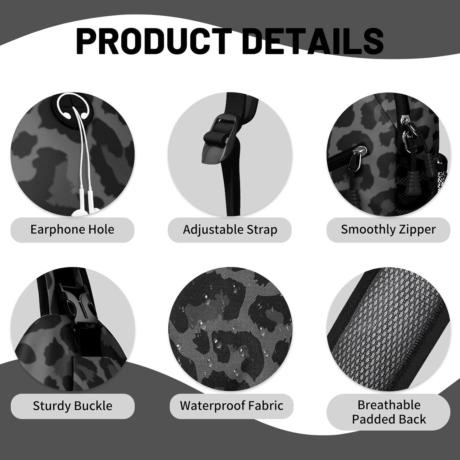 Black Leopard Print Sling Bag Crossbody Chest Bag for Women Men, Water Resistant Lightweight Casual