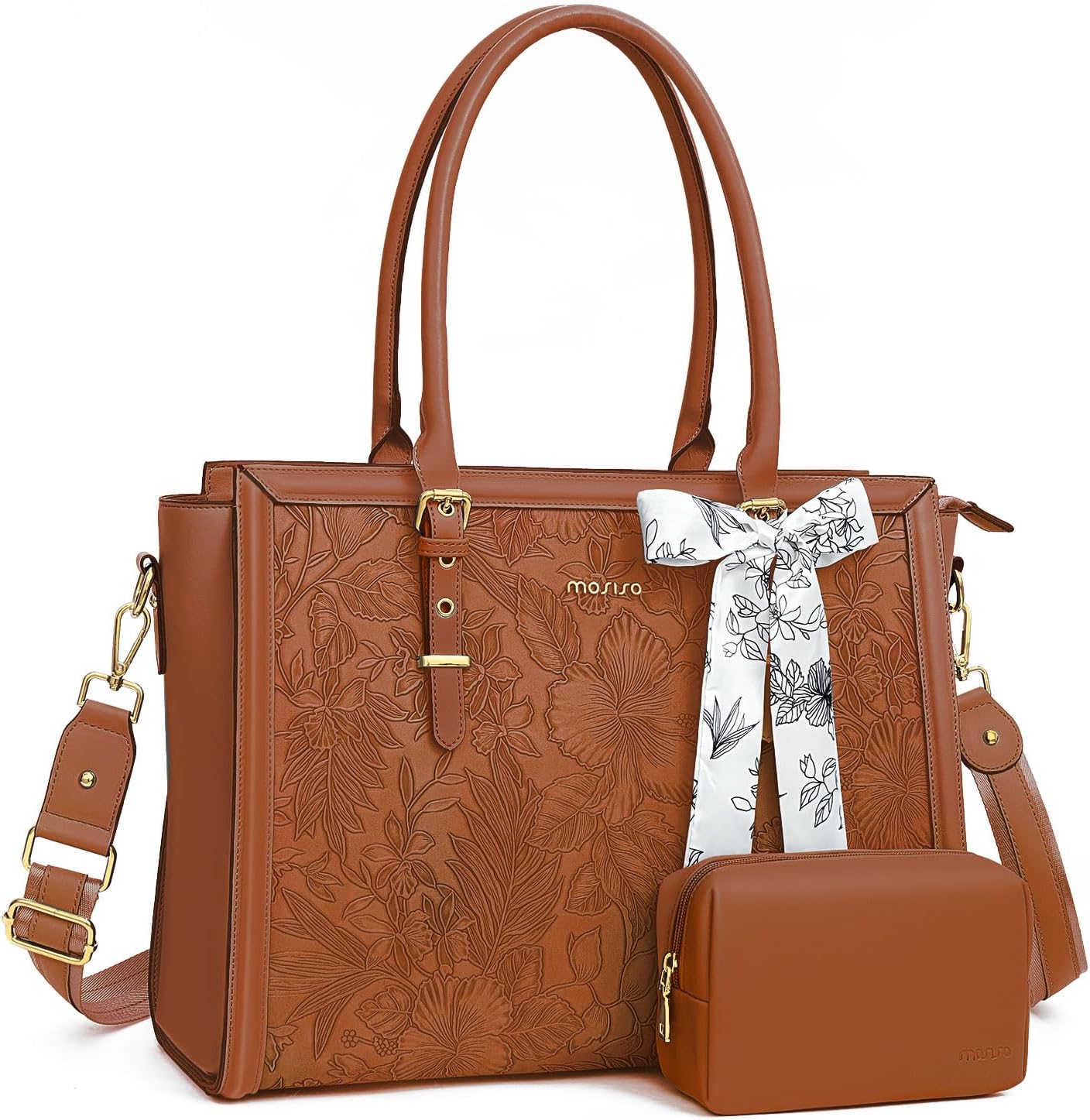 MOSISO Laptop Bag for Women, PU Leather Tote Bag, Front Embossed Retro Hibiscus Computer Bags with Silk Scarf&Clutch Purse