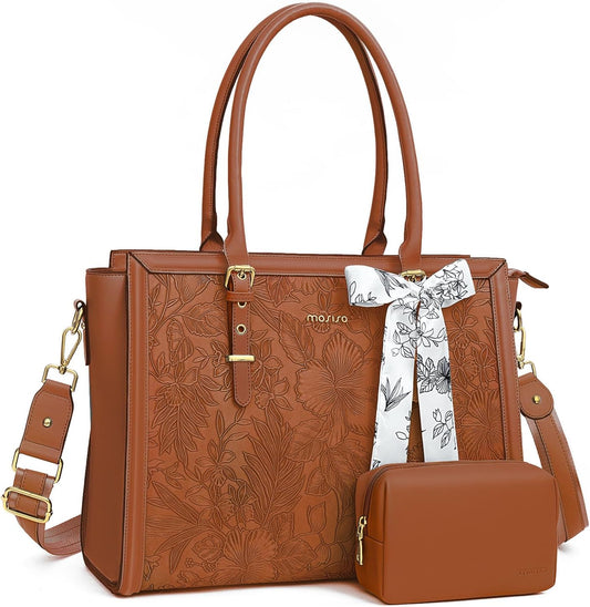 MOSISO Laptop Bag for Women, PU Leather Tote Bag, Front Embossed Retro Hibiscus Computer Bags with Silk Scarf&Clutch Purse