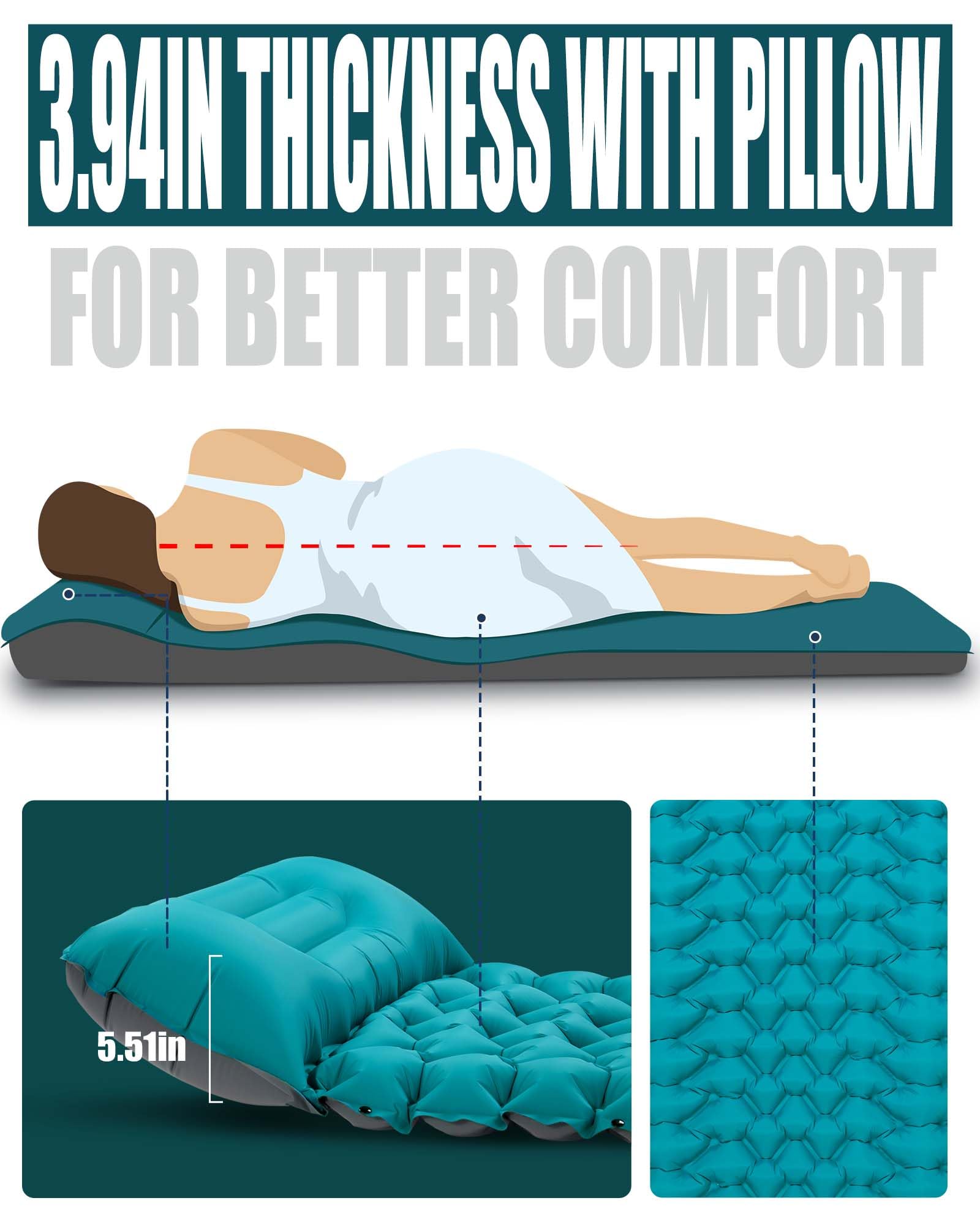 AKSOUL Camping Sleeping Pad with Pillow: Extra Thick 3.9 inch Ultralight Self Inflating Air Mat