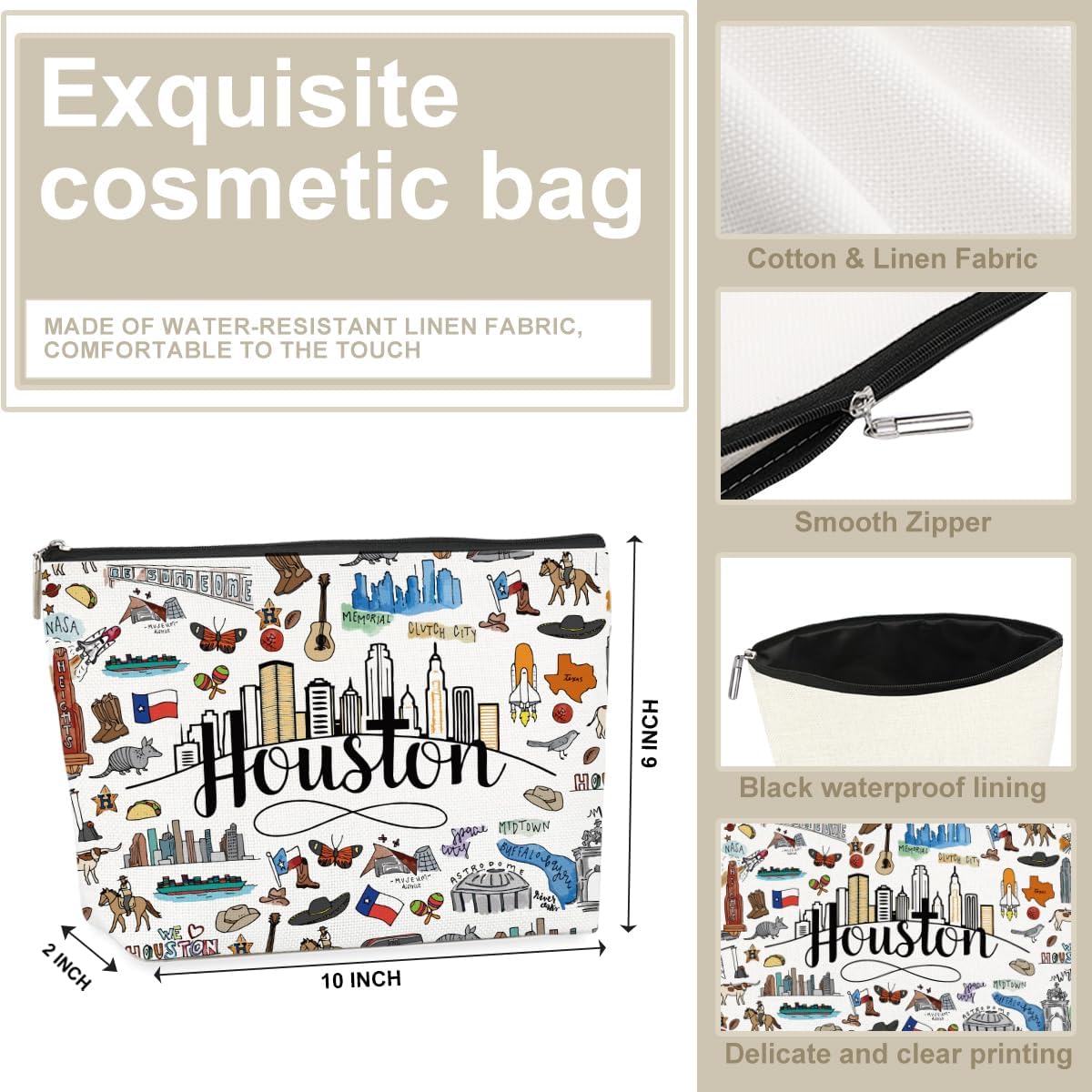 4PCS Houston Themed Makeup Bag - Houston Souvenirs Gift for Women, Travel Friendly Cosmetic Bag
