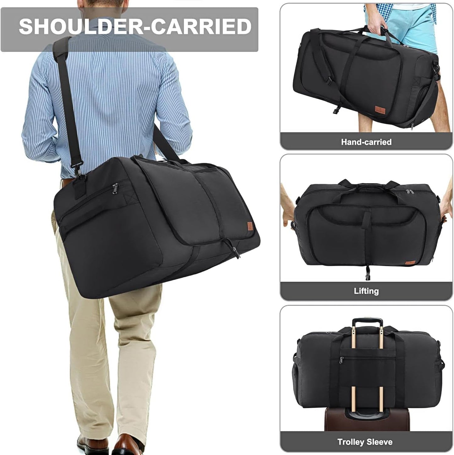 80L Duffle Bag for Travel, Large Foldable Waterproof Travel Duffel Bags Weekender Overnight Bag for Men and Women with Shoe Compartment (Black)