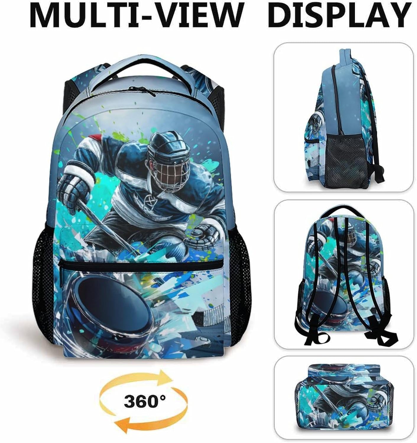 Hockey School Backpacks for Boys, Hockey Bookbag for Students Teens 10-12, 17 Inch Lightweight with Pockets Daypack Bookbag for Primary Travel Camping, Back to School Essentials