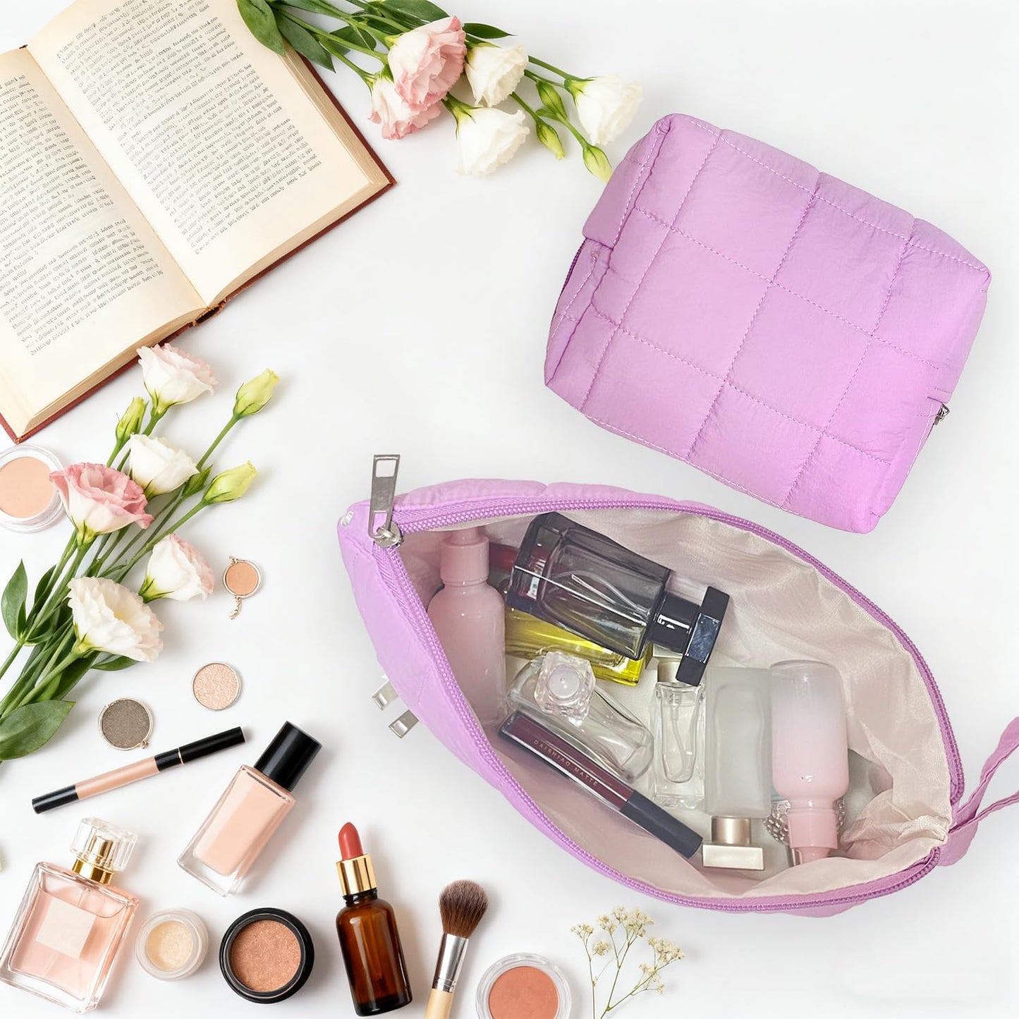 Purple Puffy Puffer Makeup Bag for Purse Small Makeup Pouch Quilted Cosmetic Bag Cute Cotton Toiletry Pouch Bag for Women