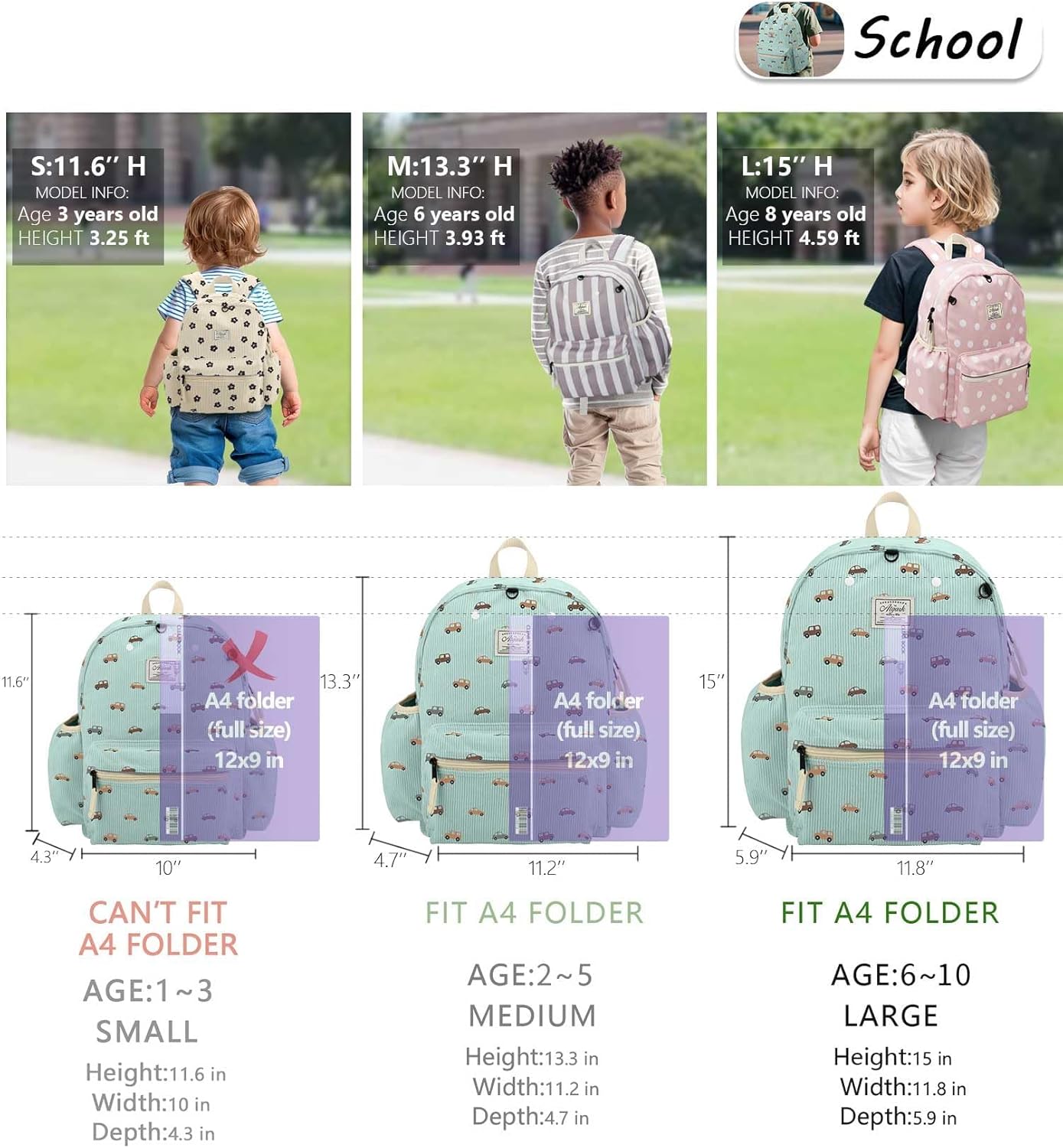 Corduroy Kids Backpack for Boys 6-10: Boys Backpacks for Elementary Kindergarten 15” H Fit Folder