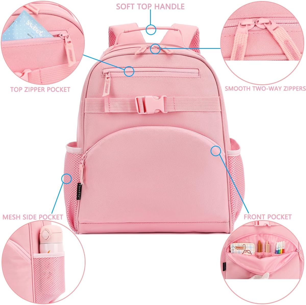 FlowFly Kids Backpack for Toddler Boys Girls, Simple Lightweight Bookbag for Daycare Kindergarten Elementary School Travel, Small Modern Bag (Medium 15''), Pink