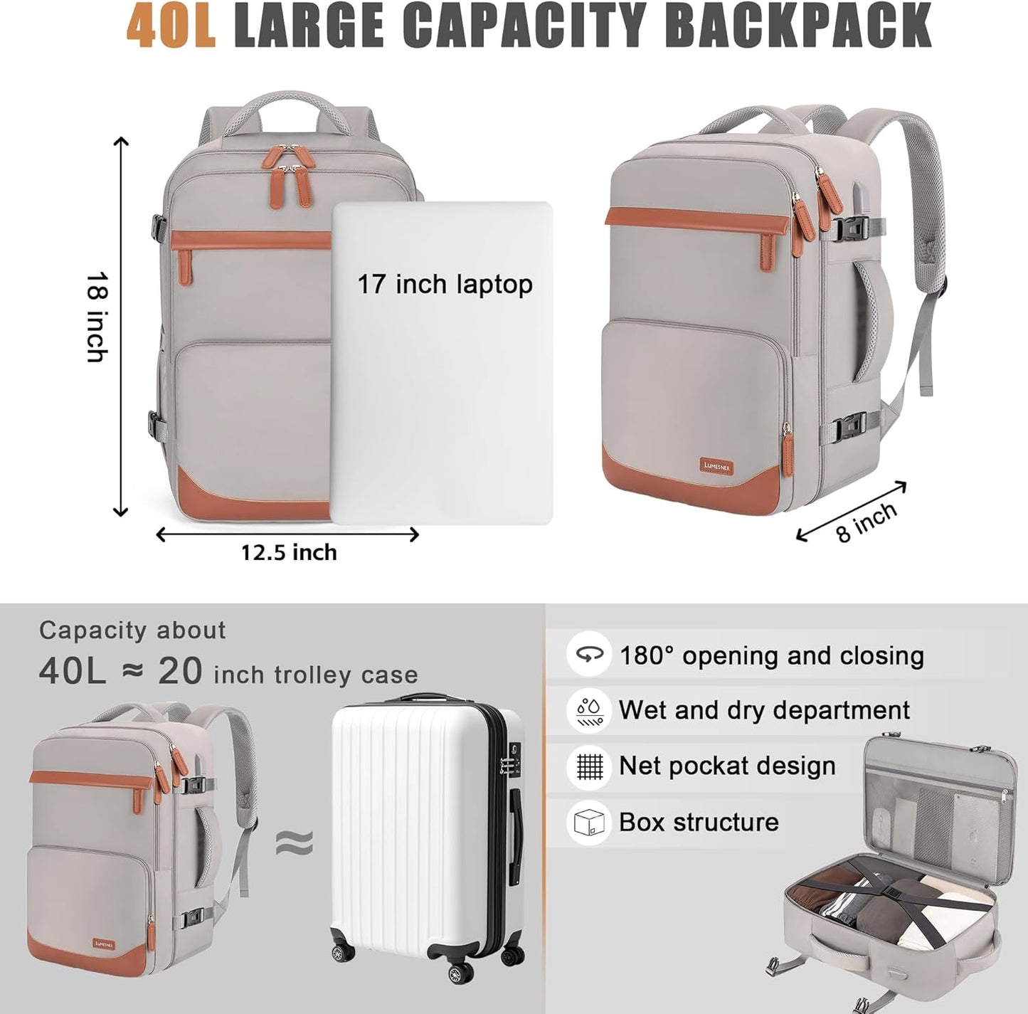 40L Travel Backpack with USB Charging Port, Water-Resistant Carry On Backpack for Men Women