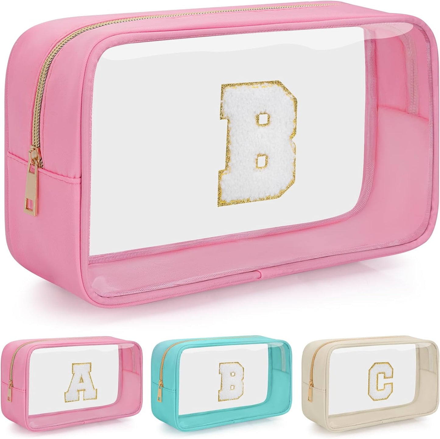 Personalized Initial Clear Makeup Bag, Travel Chenille Patch Cosmetic Bag, Preppy Toiletry Bag Monogram Cosmetic Pouch with Zipper, Ideal Gift for Teen Girls Women (Clear-Pink, B)