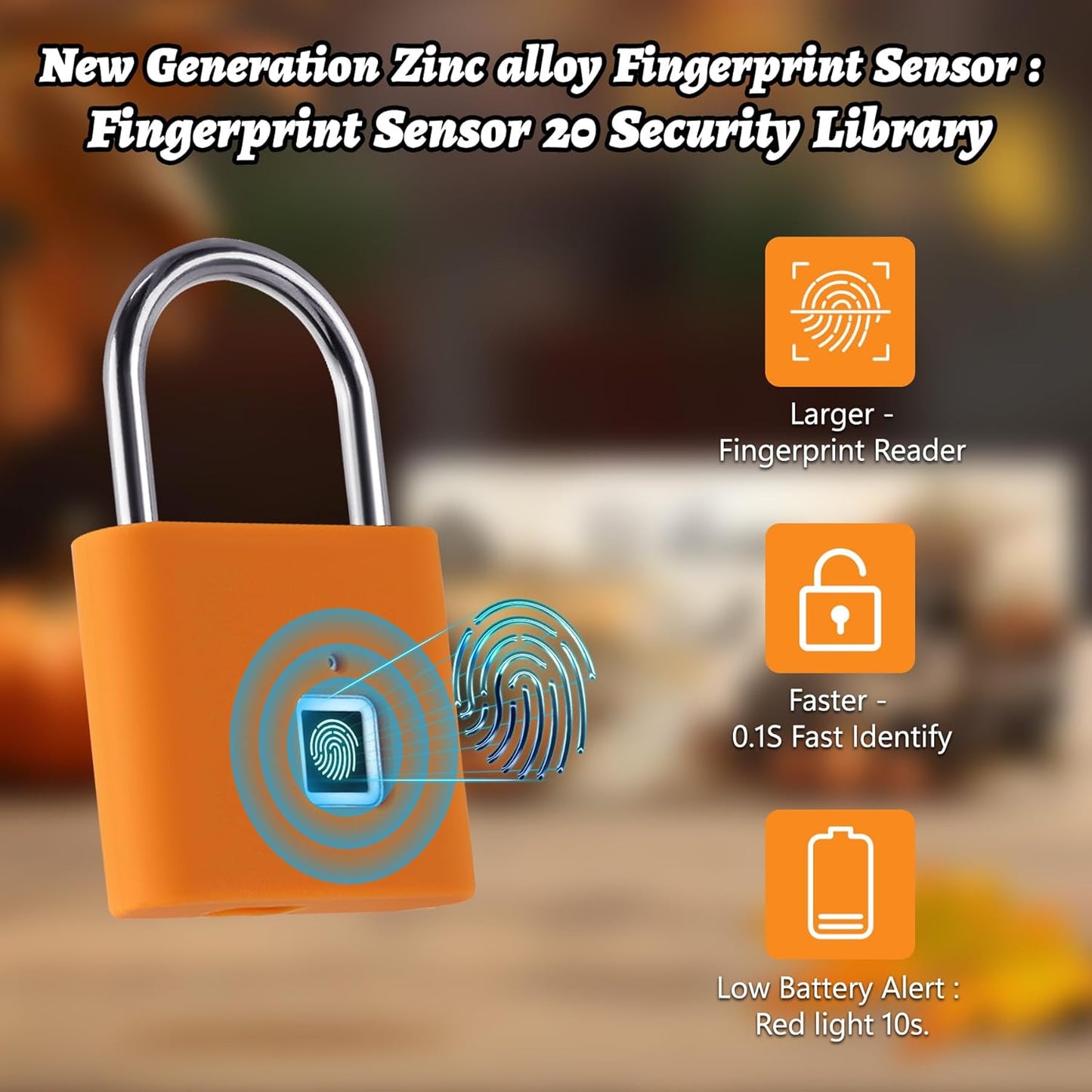 UMIKSMART Padlock, Keyless Fingerprint Padlock with USB Charging, Gym Lockers, School Lockers, Luggage, Storage Boxes, Cabinets, Backpack, Thanksgiving Gifts (Maple Leaf Orange)
