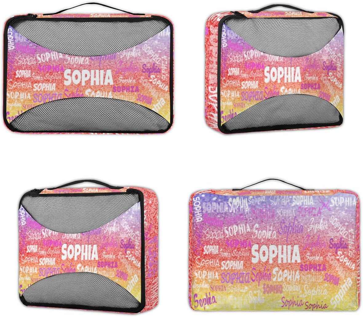 Personalized Packing Cubes, Set of 4 with Zipper Handles, Custom Name Travel Suitcases Luggage Packing Organizers, Purple Red Yellow Glittering