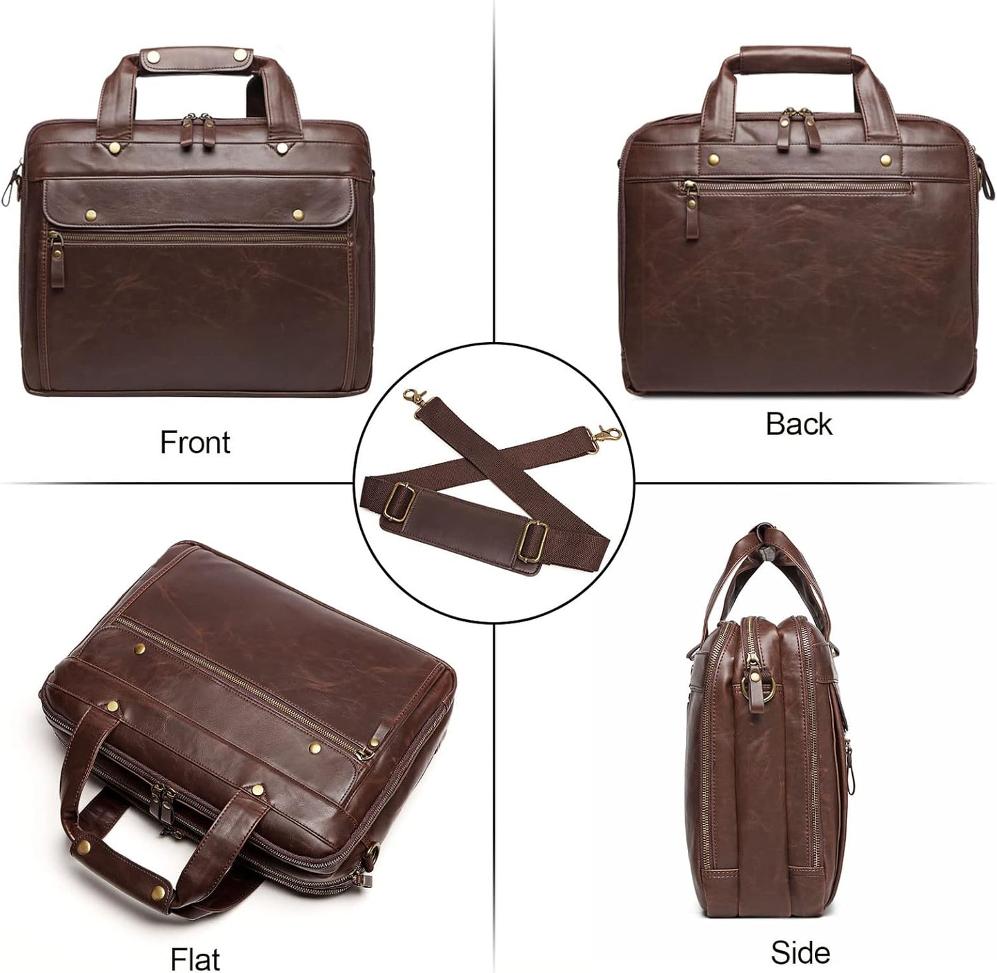 Bosidu Leather Briefcases for Men 15.6 Inch Laptop Messenger Bag with Triple Compartments Water-Resistant Computer Shoulder Bag for Business, Travel, Work, Office, Brown