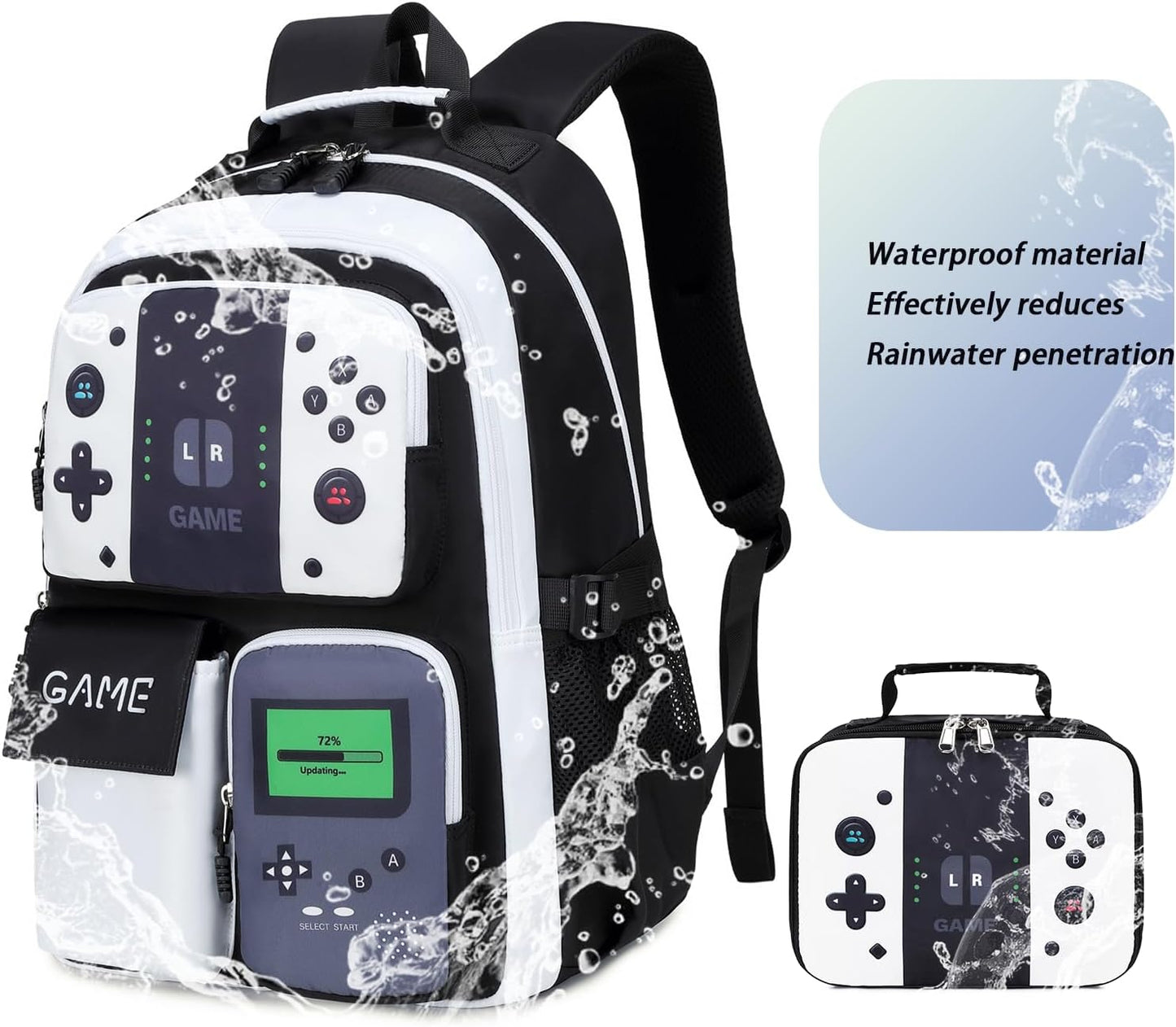 Boys Backpack Kids Bookbag TeensSchool Bag LuminousGame Large capacity bag (4BlackWhite Set)