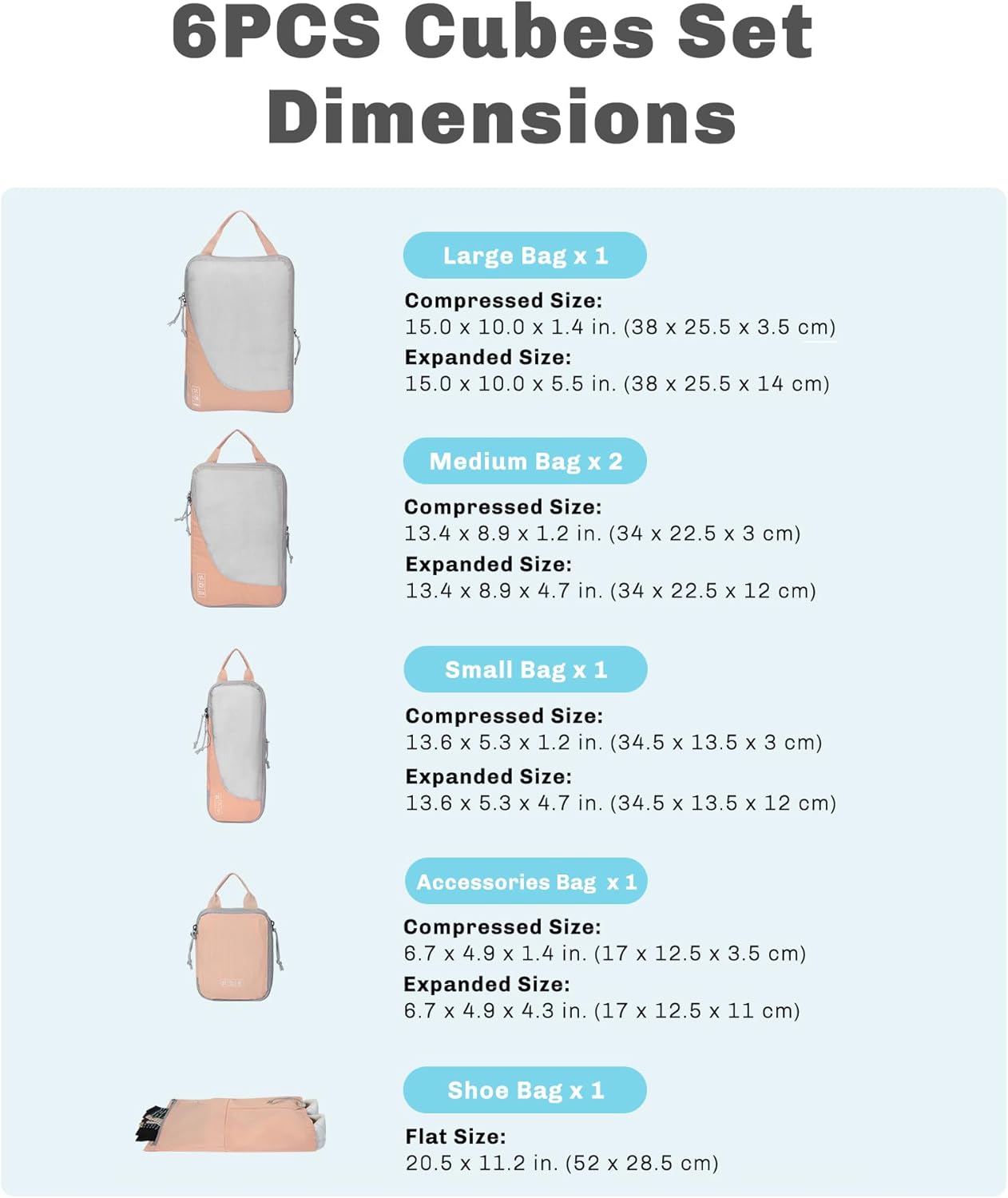 Hynes Eagle 6 Set/ 4 Set/ 2 Set Compression Packing Cubes Travel Essentials Lightweight Nylon Luggage Suitcase Organizer Bag Light Pink 6PCS
