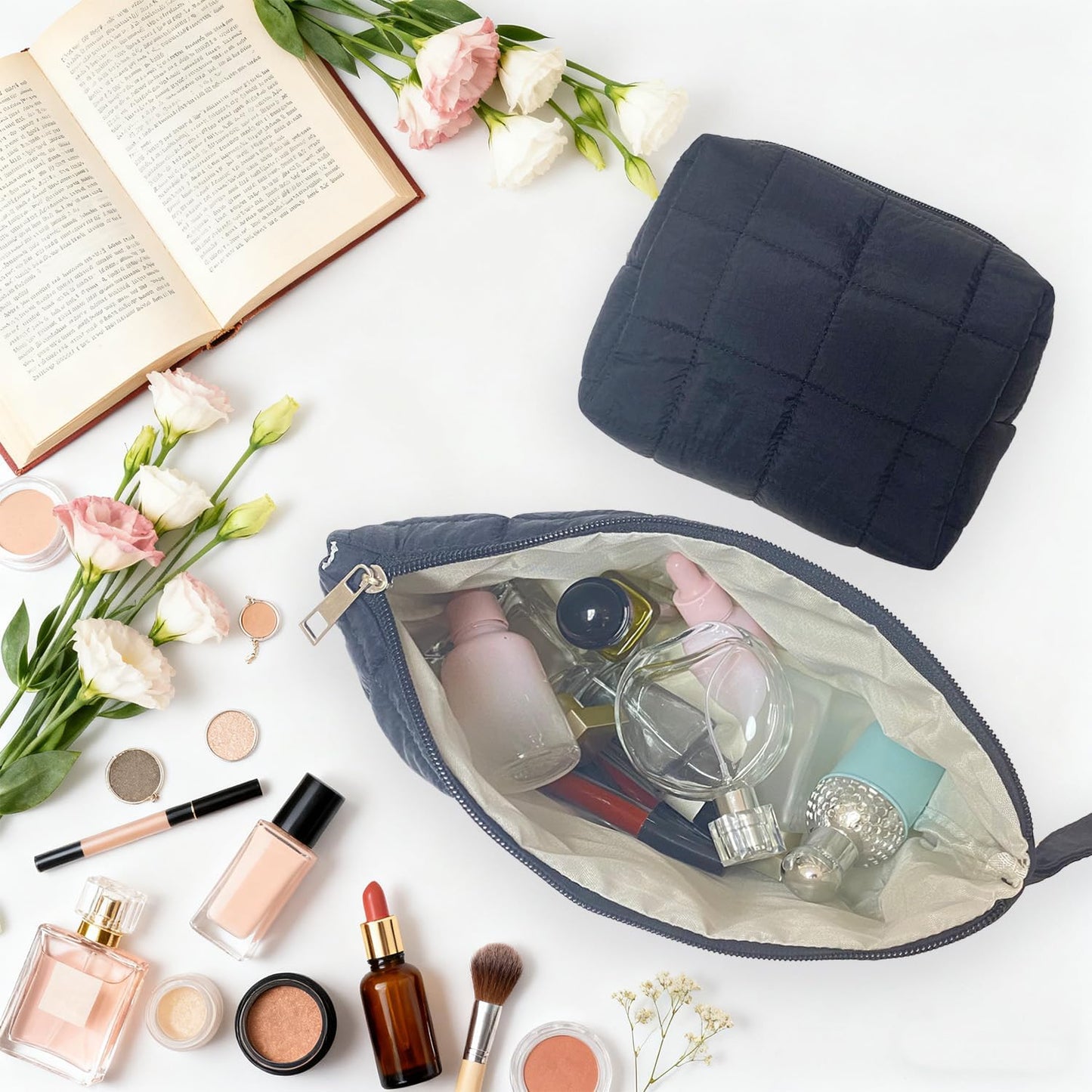 Black Puffy Puffer Makeup Bag for Purse Small Makeup Pouch Quilted Cosmetic Bag Cute Cotton Toiletry Pouch Bag for Women