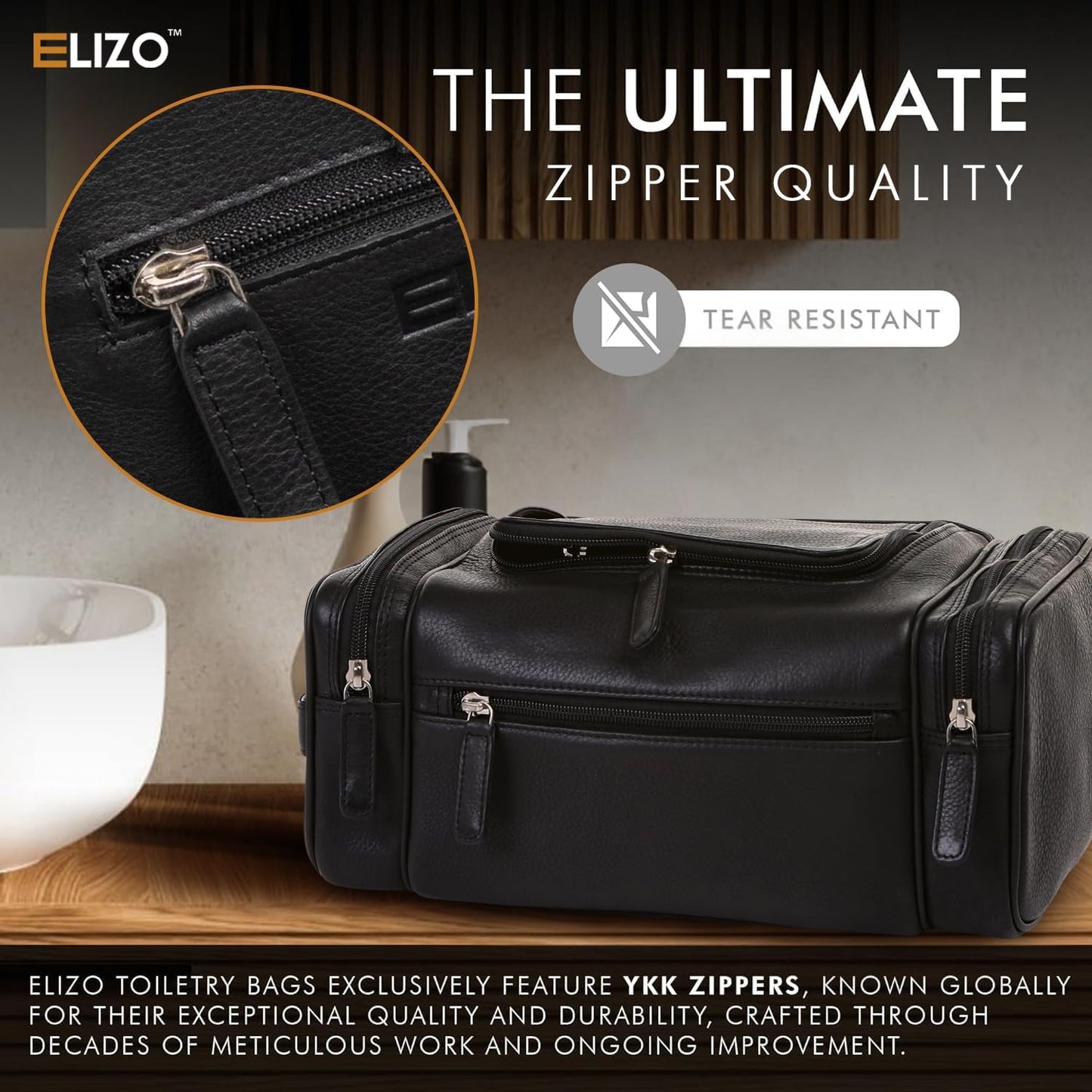 ELIZO Genuine Leather Toiletry Bag for Men Mens Toiletry Bags for Traveling Waterproof Hanging Leather Dopp Kit w/Hook Extra largeToiletry Bag Travel Organizer for Toiletries