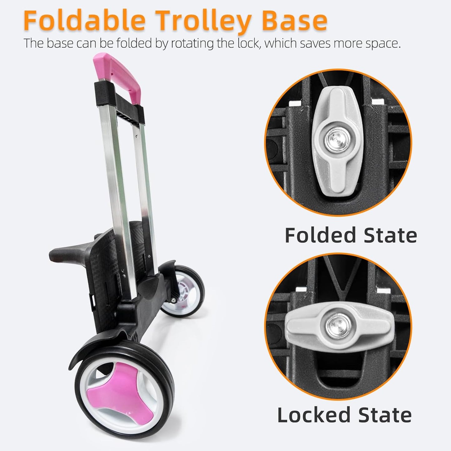 Backpack Trolley Cart with Stair-Climbing Wheels – Foldable Aluminum Frame, Adjustable Handle and 77 lbs Capacity – Quiet Large Wheels with Edge Guard – Pink – Fits Travel Bags, Book Bags, Shopping