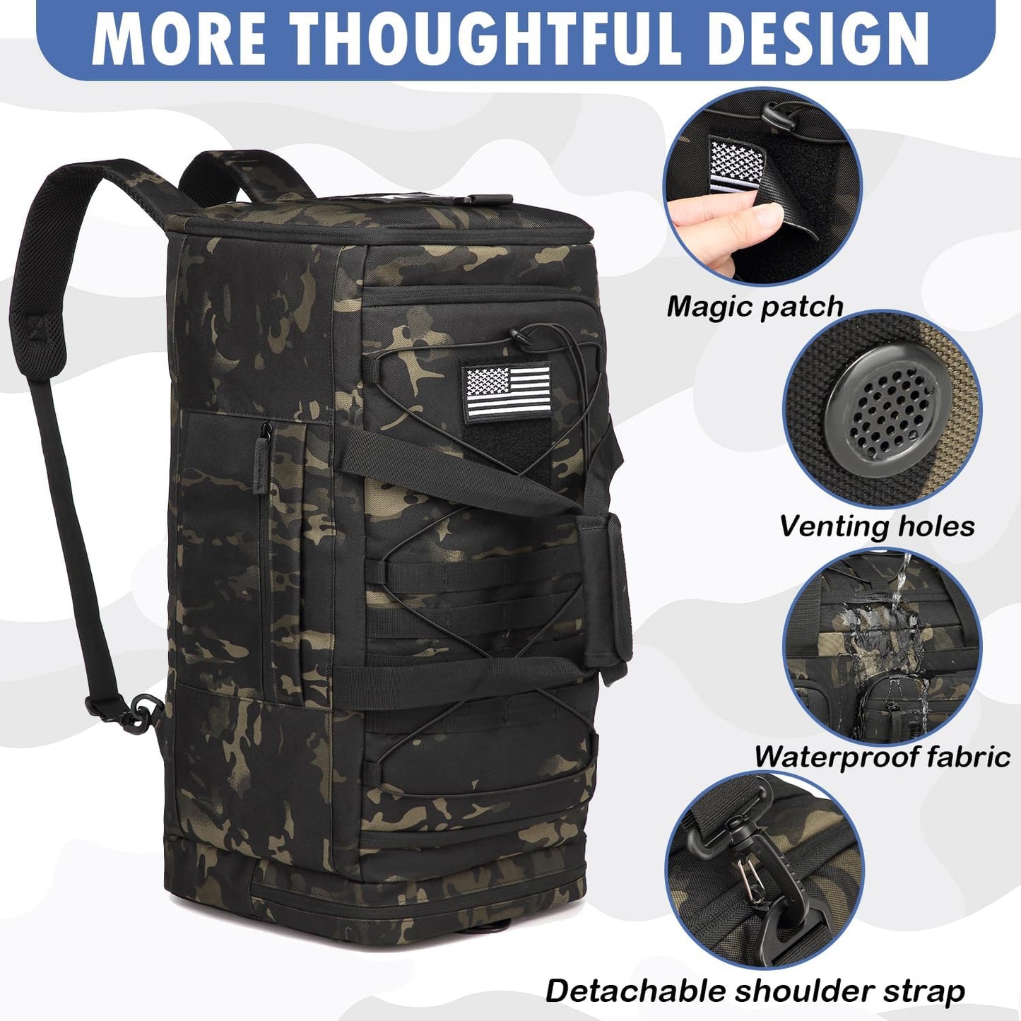 Gym Bag for Men and Women, 50L Extra Large Duffle Bag, 3-in-1 Travel Sports Duffel Bags with Shoe & Laptop Compartment for Overnight Weekender Gym Traveling Workout Deployment, Dark Camo