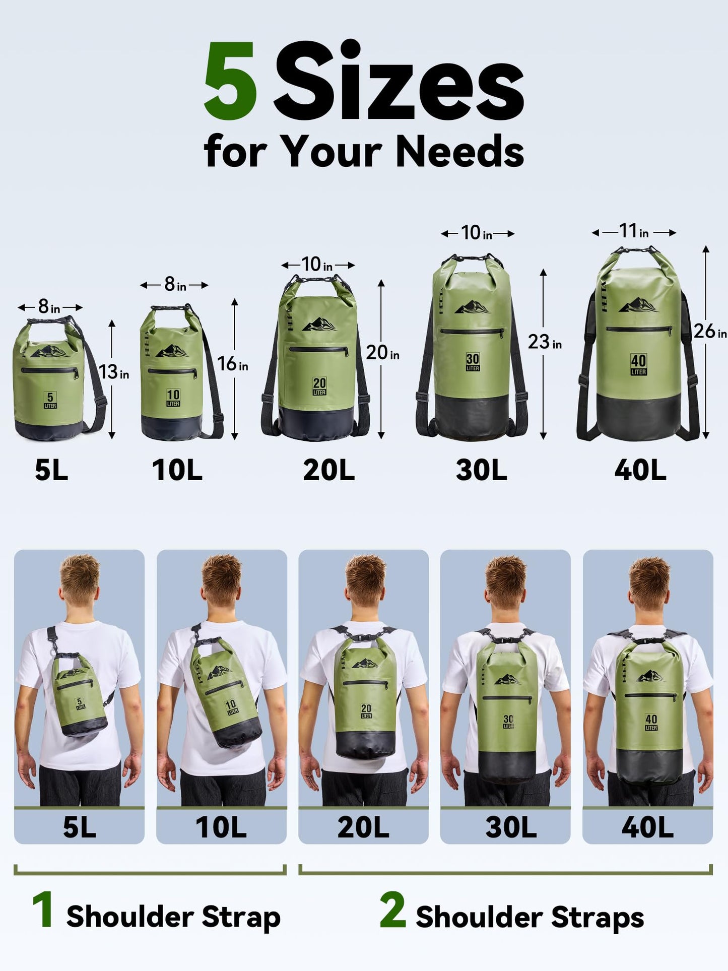 HEETA Waterproof Dry Bag with Front Zippered Pocket for Women Men, Roll Top Lightweight Dry Storage