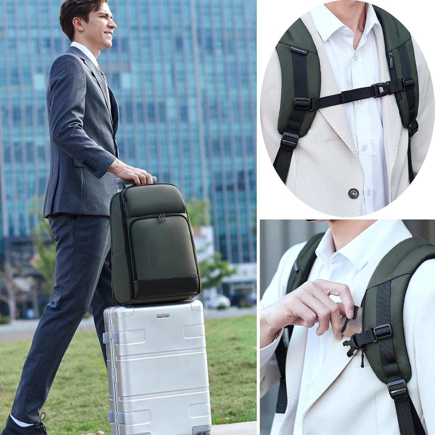 FENRUIEN 17 Inch Travel Backpack Green, Expandable Water Resistant Computer Backpack with USB Port, Laptop Bag for Business/College/Work