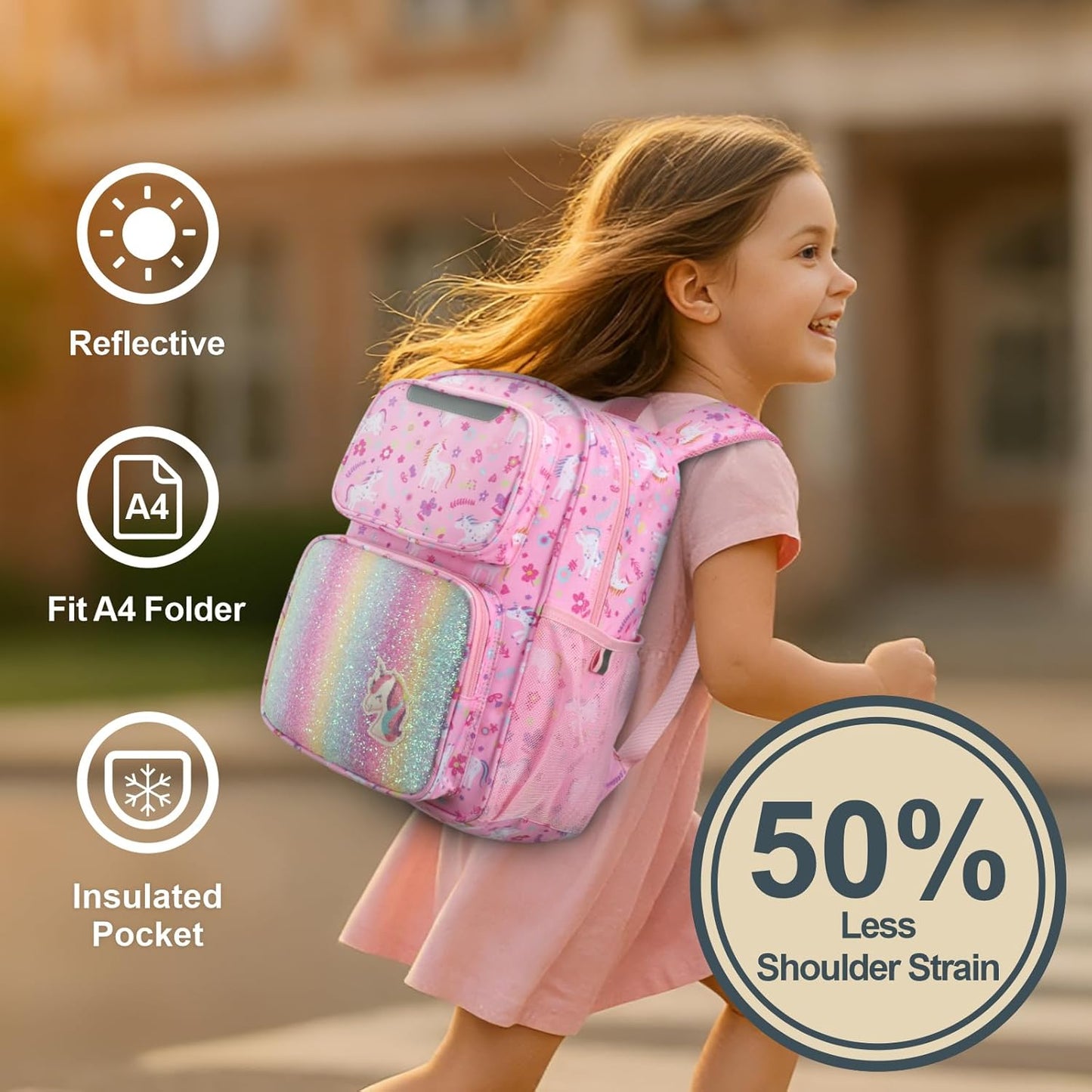 Kids Backpack and Compression Packing Cubes Set - 15 Inch Backpack for Girls 3 to 8, Lightweight Bookbag for Preschool Kindergarten Elementary School, Safe Reflective Stripe, Pink Unicorn