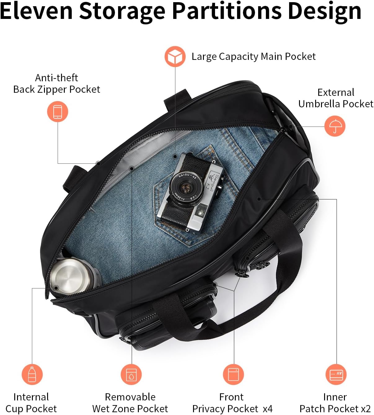 Aji Expandable Travel Duffel Bag, Elegant Black Duffle Bag for Travel with Wet Pocket, Carry on Weekender Bags for Men Women, Water Resistant Gym Duffel Bag Sport Bag