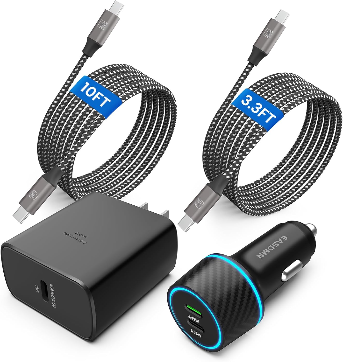 45W USB-C Charger, 2-Pack 45 Watt Super Fast Charger Type C PPS Wall/Car Charger for Galaxy S24 Ultra/S24+/S23 Ultra/S23+/S23/S22 Ultra/Note 10+, Tab S9 (12FT+6.6FT 5A Type C Cable)