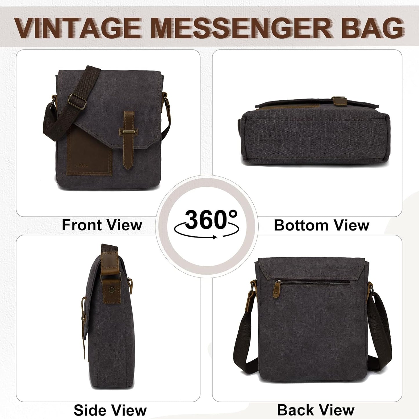 VASCHY Small Messenger Bag, Vintage Canvas Leather Lightweight Crossbody Bag
