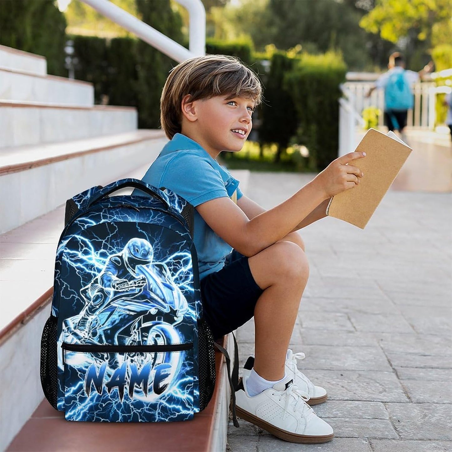 Personalized Backpacks for Boys, Motorcycle Backpack with Custom Name for Kids Kindergarten Primary