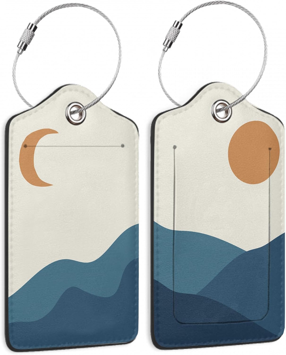 Abstract Blue Boho Sun Moon Mountains Luggage Tags for Suitcases, 2 Pack Cute PU Leather Suitcase Tag Identifiers with Address Card for Baggage Tag