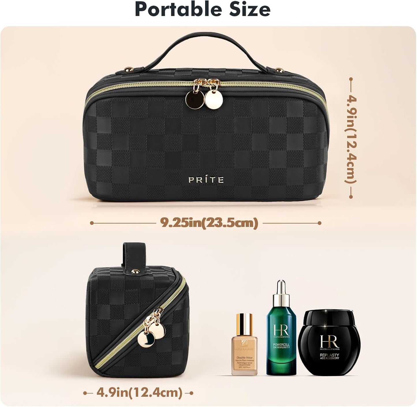 Prite Makeup Bag for Women Travel Waterproof Vegan Leather Cosmetic Bag Open Flat Toiletry Bag With Clear Divider and Handle (Plaid Black)