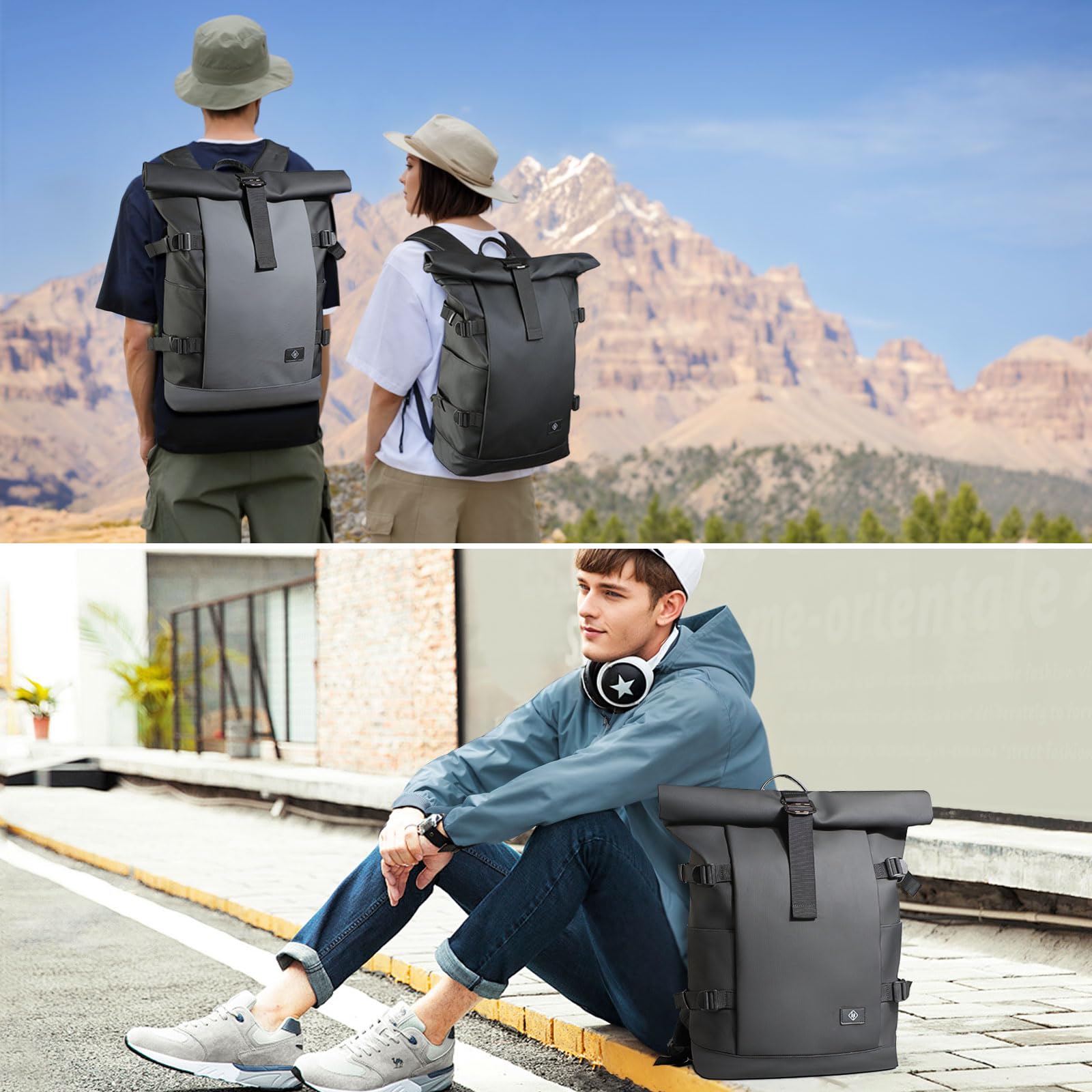 Rolltop Laptop Backpack, Expandable Business Travel Backpack for Men Women