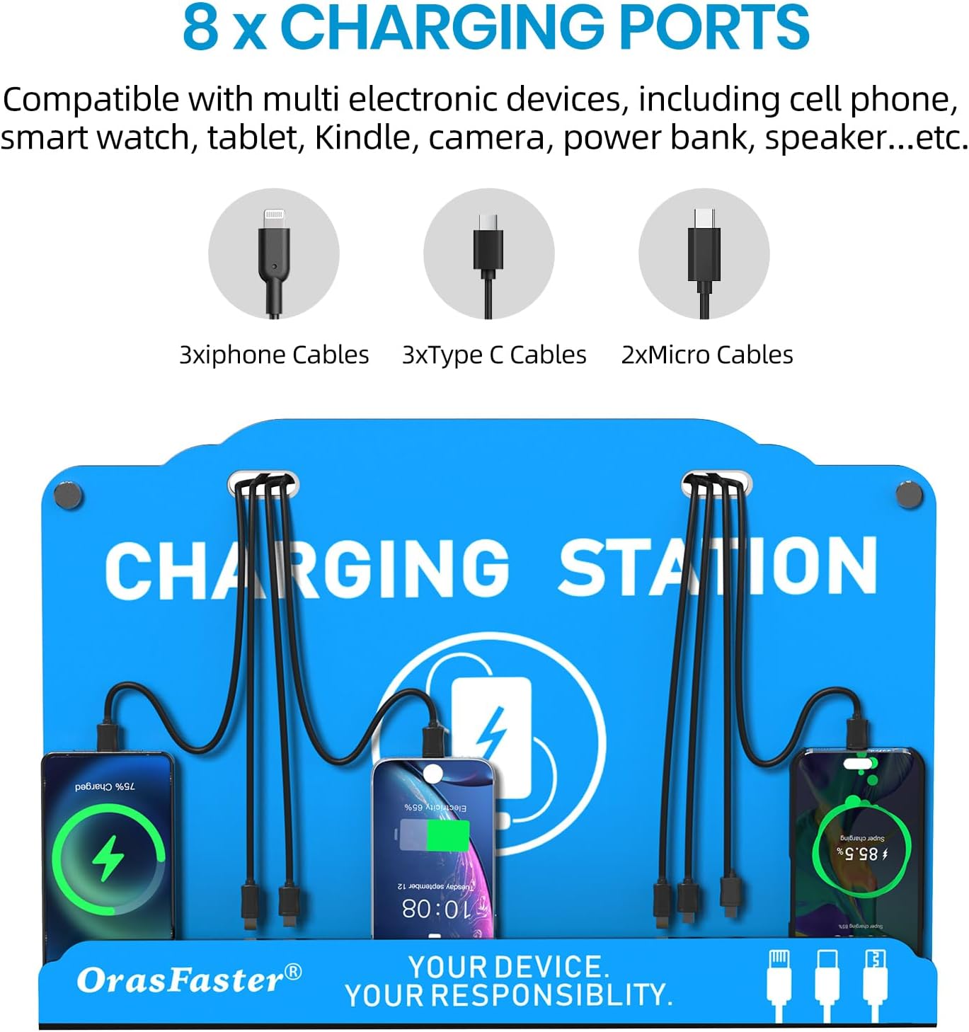 Wall Mounted Cell Phone Charging Station | Multi-Device Station with 8 Port Charging Dock | Application for Library, Hotel,Office,Hotels, Hospitals