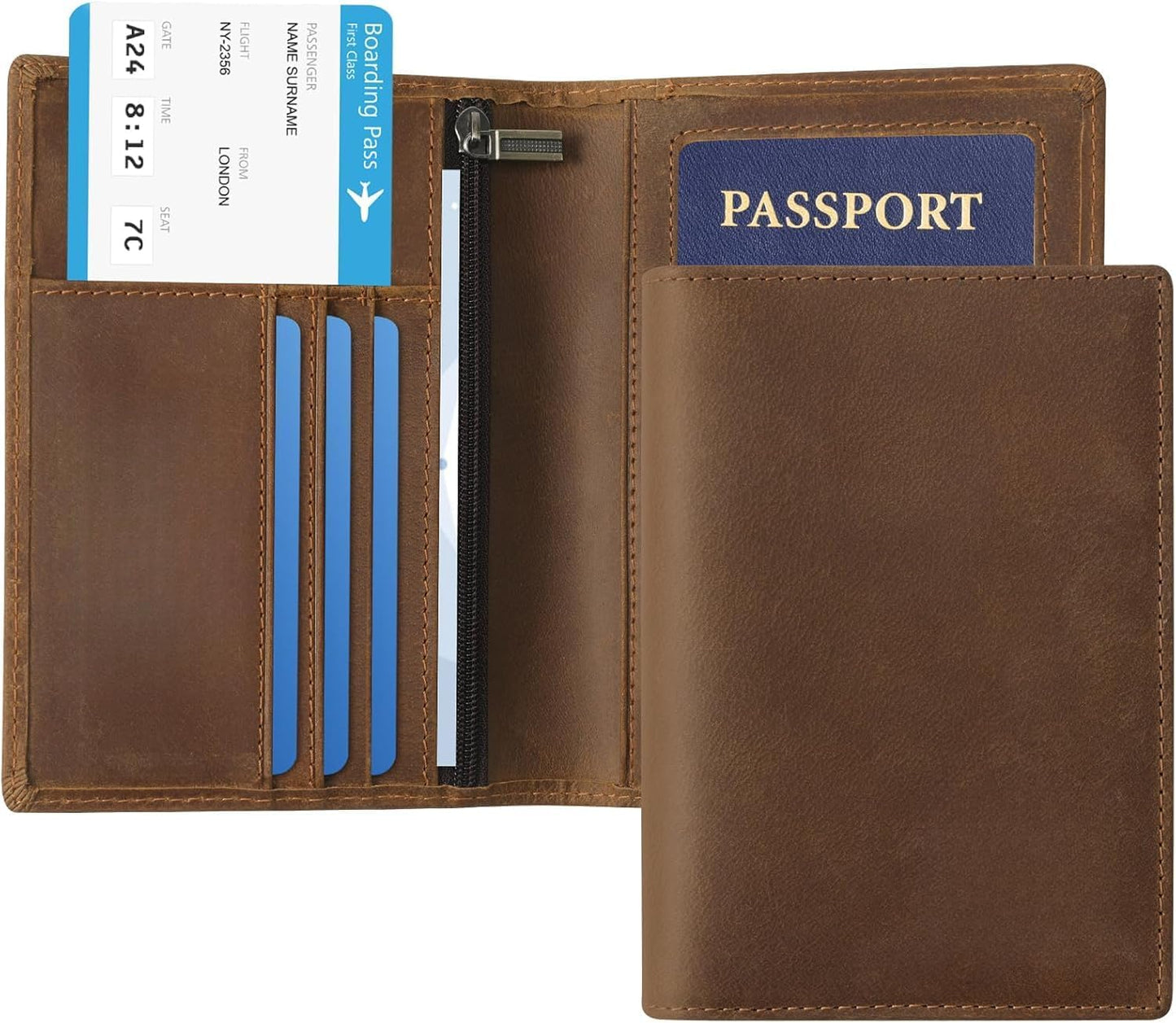 Genuine Leather Passport Cover for Men & Women, RFID Blocking Travel Wallet with Family Storage Capacity (Dark Brown)