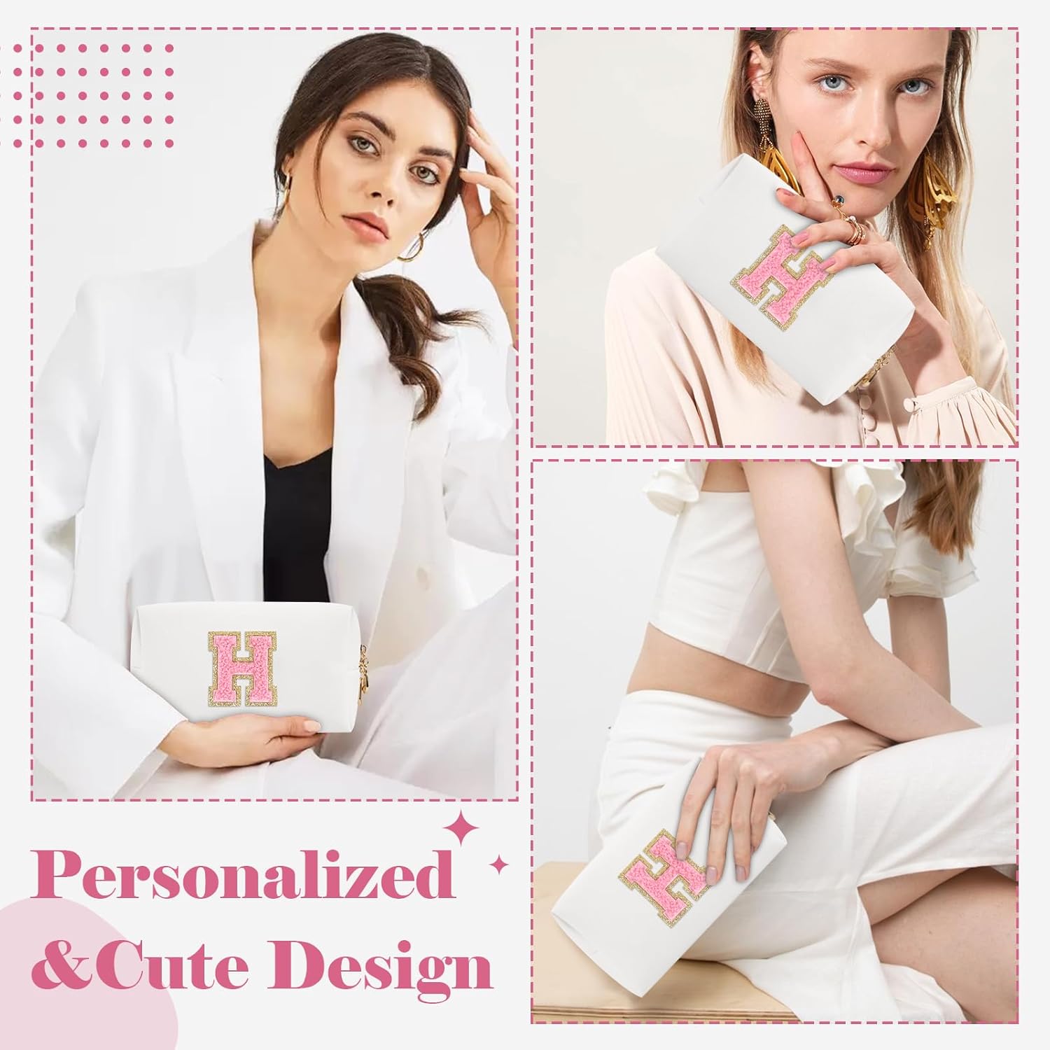 Personalized Makeup Bag Initial A-Z Preppy Patch Bag,Small PU Leather Travel Cosmetic Bag Pouch
