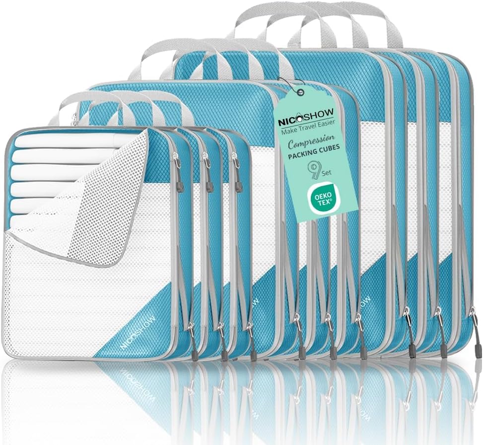 9 Set Compression Packing Cubes for Travel - Compressible, Lightweight, and Space-Saving Packing Cubes, Travel Essentials for Women, Teal