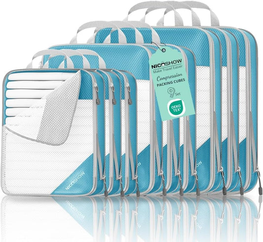 9 Set Compression Packing Cubes for Travel - Compressible, Lightweight, and Space-Saving Packing Cubes, Travel Essentials for Women, Teal