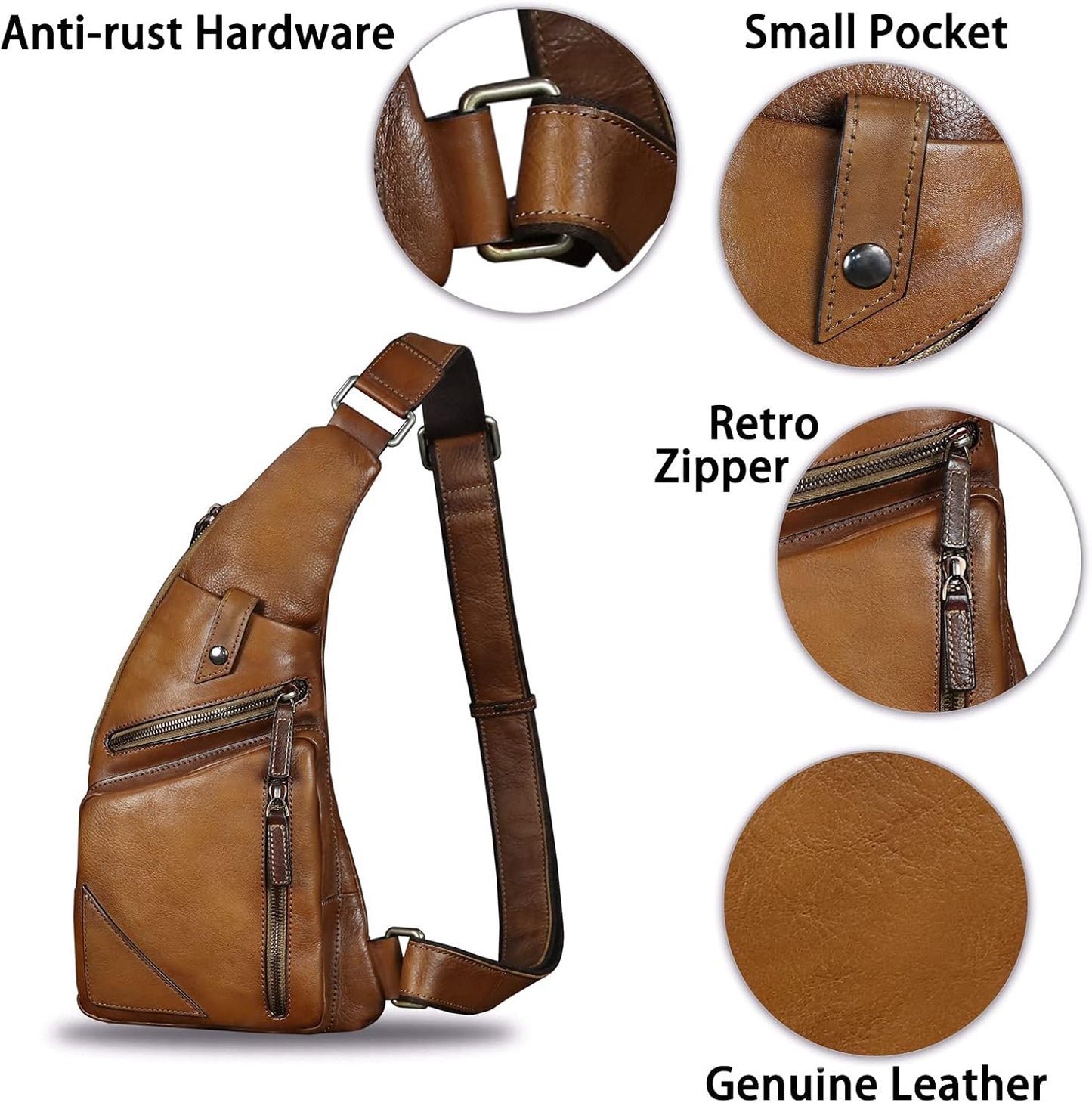 Genuine Leather Sling Bag for Men Vintage Handmade Crossbody Daypack Hiking Backpack Retro