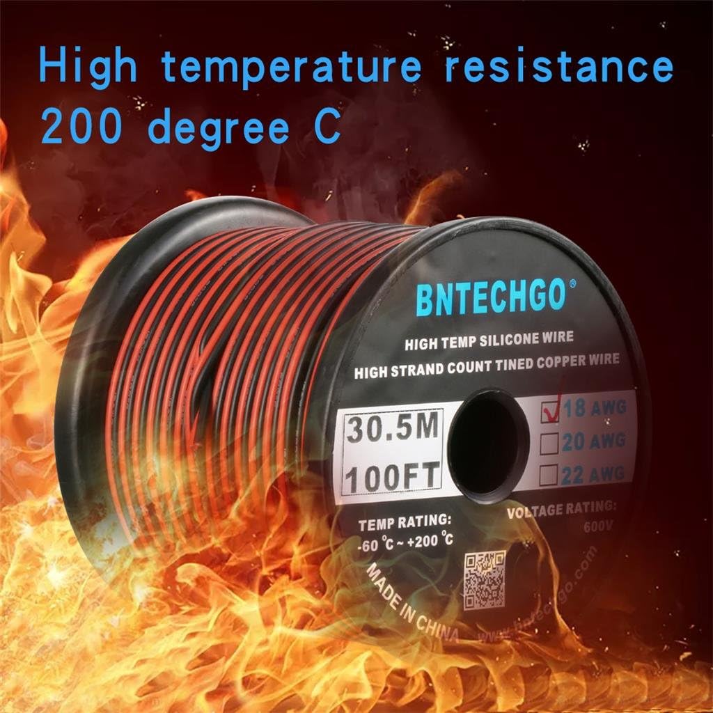 BNTECHGO 18 Gauge Flexible 2 Conductor Parallel Silicone Wire Spool Red Black High Resistant 200 deg C 600V for Single Color LED Strip Extension Cable Cord,Model,100ft Stranded Tinned Copper Wire
