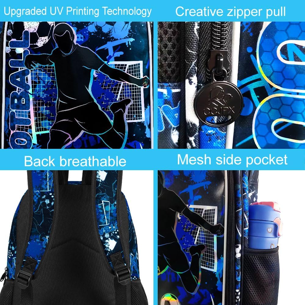 gxtvo 3PCS Boys Soccer Backpack, 17" Kids Football Bookbag with Lunch Box, Water Resistant Middle Elementary Preschool School Bag