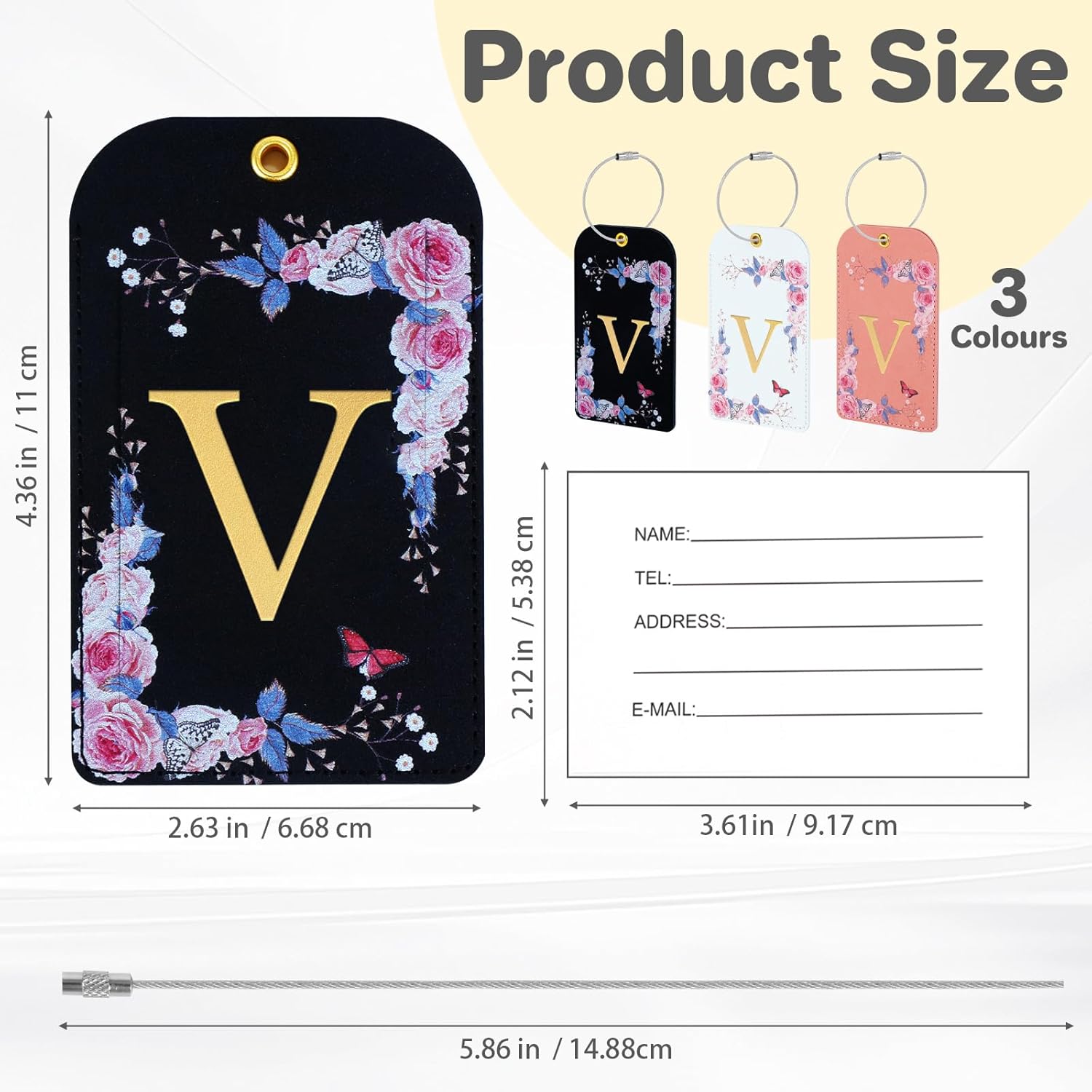 3 Pack Luxury Floral Luggage Tags, Durable PU Leather Suitcase Tags with Stainless Steel Cable