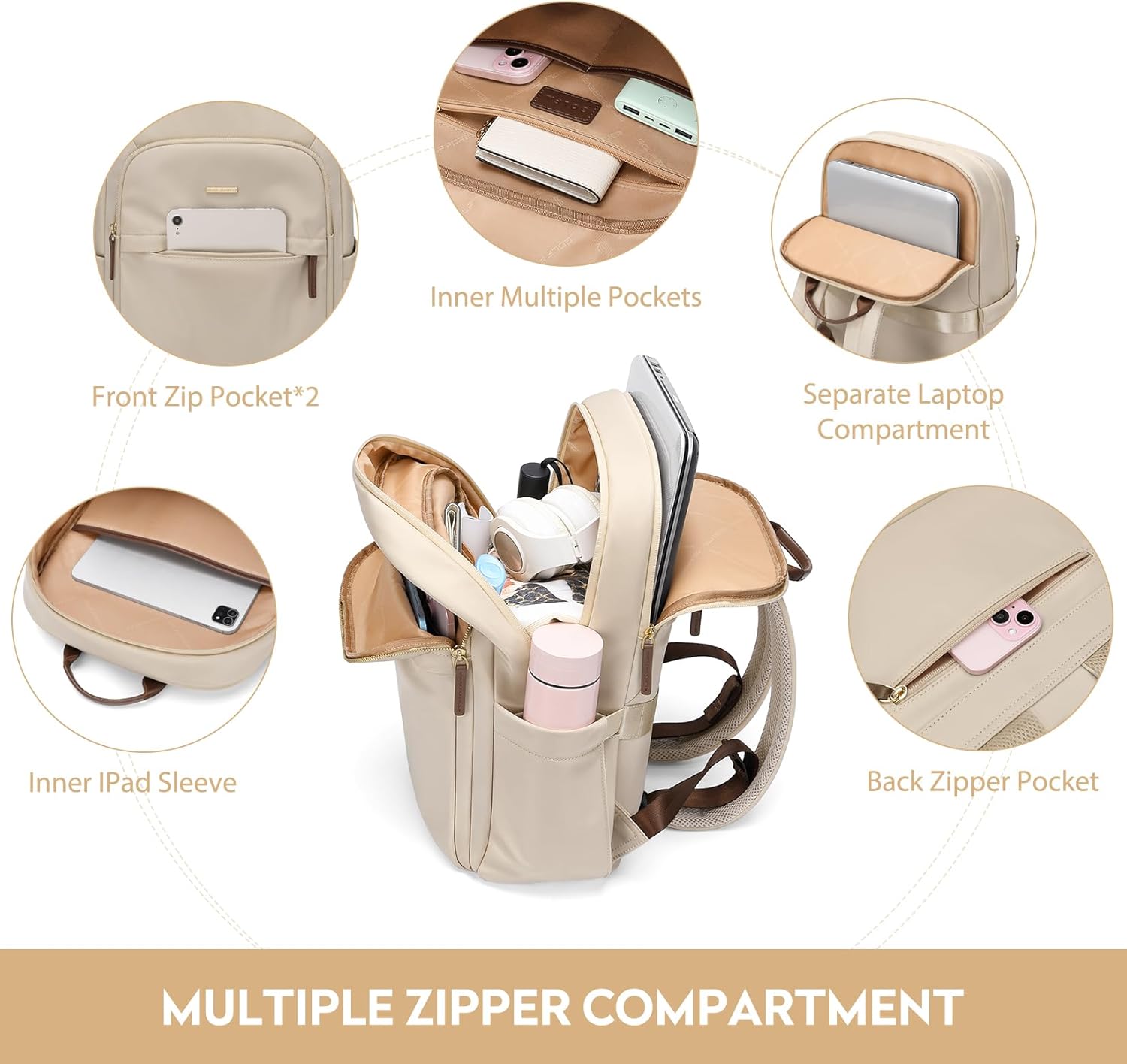 Hiking Travel Backpack for Women Casual Business Weekender Multilayer Laptop Bag,16 Inch,Apricot