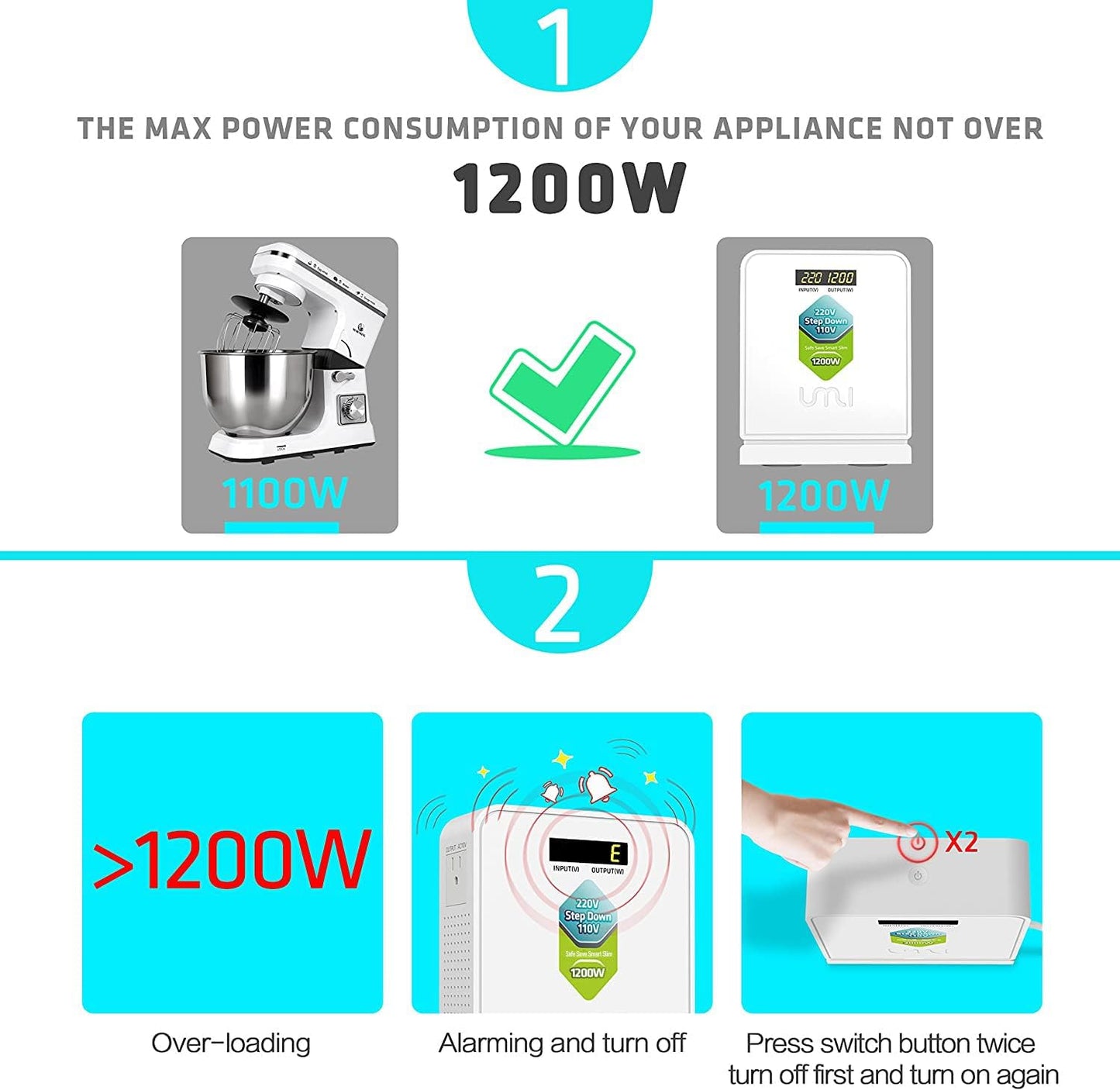 UMI 220V to 110V Step Down Voltage Converter 1200Watts Continuous Full Load Capacity