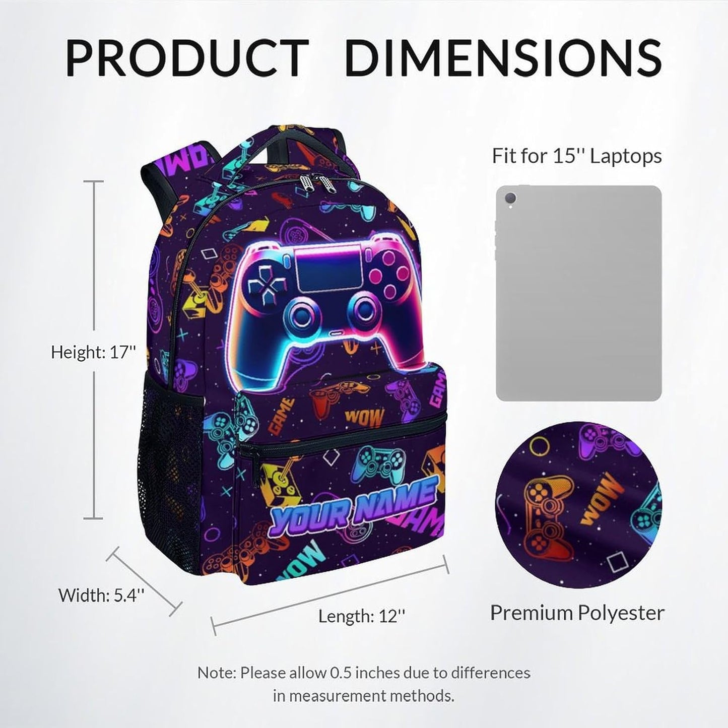 Kids Backpack - 17 Inch Custom Gamer Backpack for Boys Girls - Personalized Cool Gaming School Bag for Primary Middle