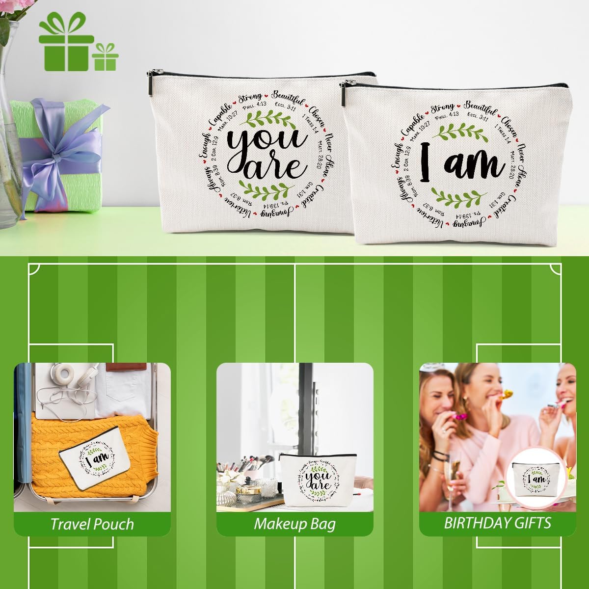 2pcs Inspirational Bible Verse Makeup Bag, Christian Quotes Motivational Cosmetic Bag Religious Sayings Christmas Birthday Bible Gifts for Women Friend Girls