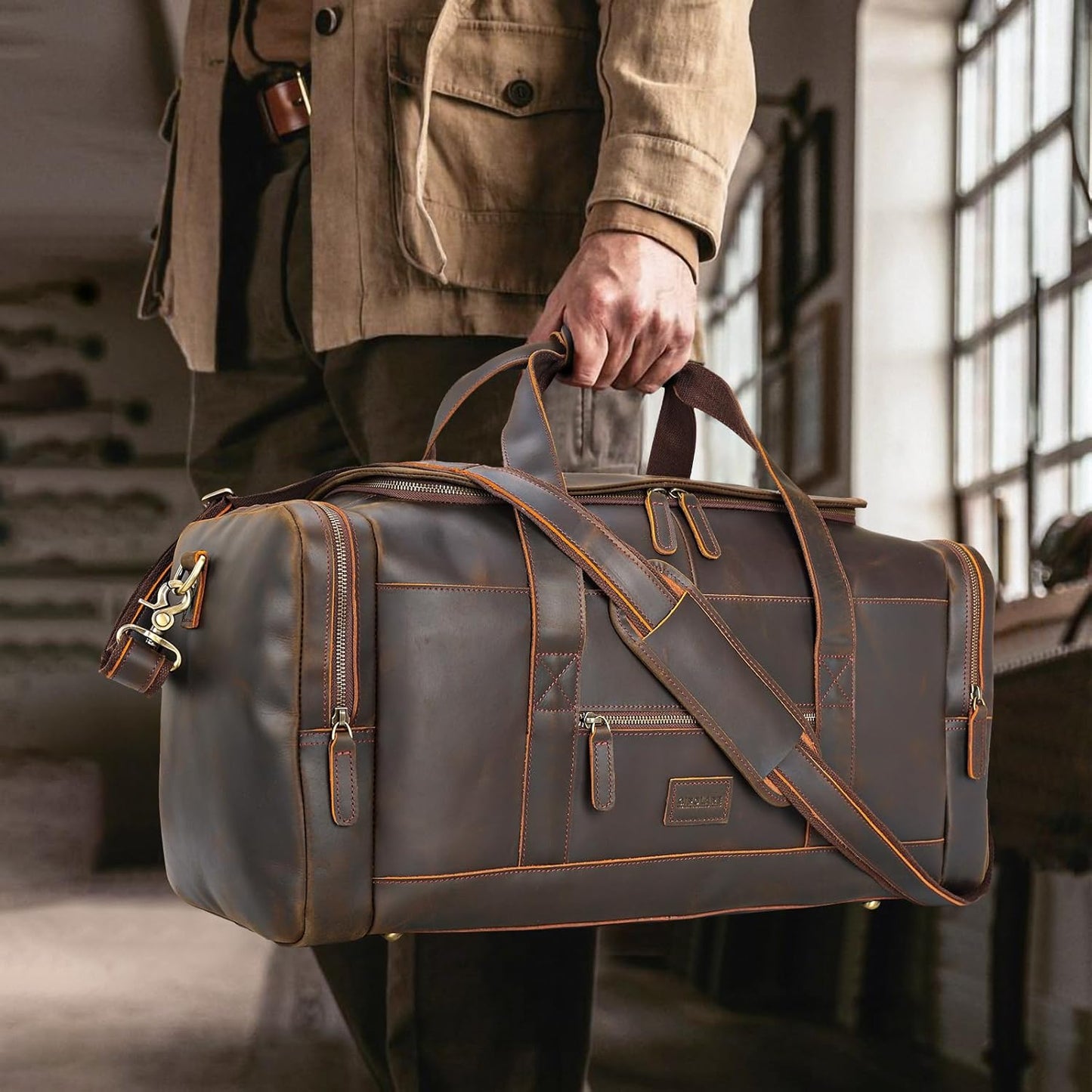 Polare 23" Full Grain Leather Travel Duffle Bag For Men 42L Duffel Bag Overnight Carry on Luggage Sport Weekender Bag