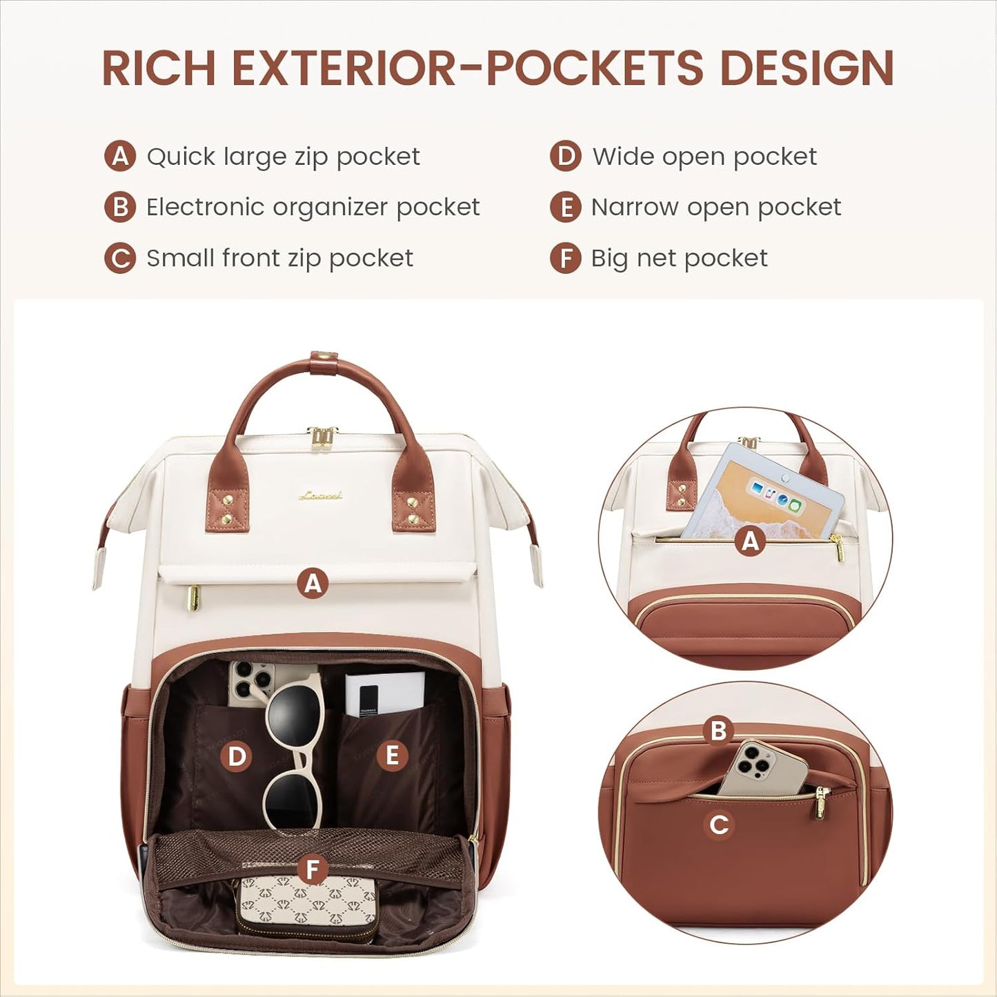 LOVEVOOK Leather Backpack for Women,18 inch Leather Laptop Backpack Women,Professional Work Backpack Nurse College Teacher Bag,Womens Laptop Tote Bag Computer Travel Backpack Purse,Beige White-Brown
