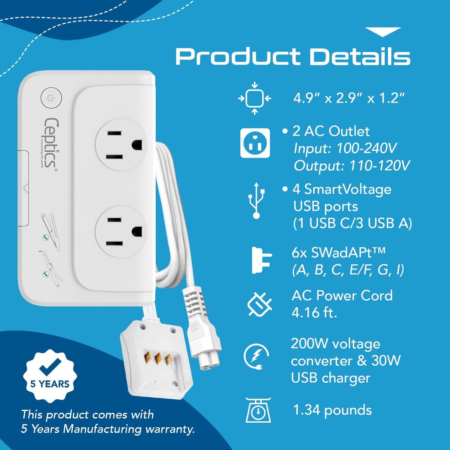 Ceptics Travel Voltage Converter -200W Convert 220V to 110V for Curling Iron, Straightener, Charger Step Down World Power Plug - 4 USB PD 18W Fast Charging - SWadApt - Type A, B, C, E/F, G, I Include