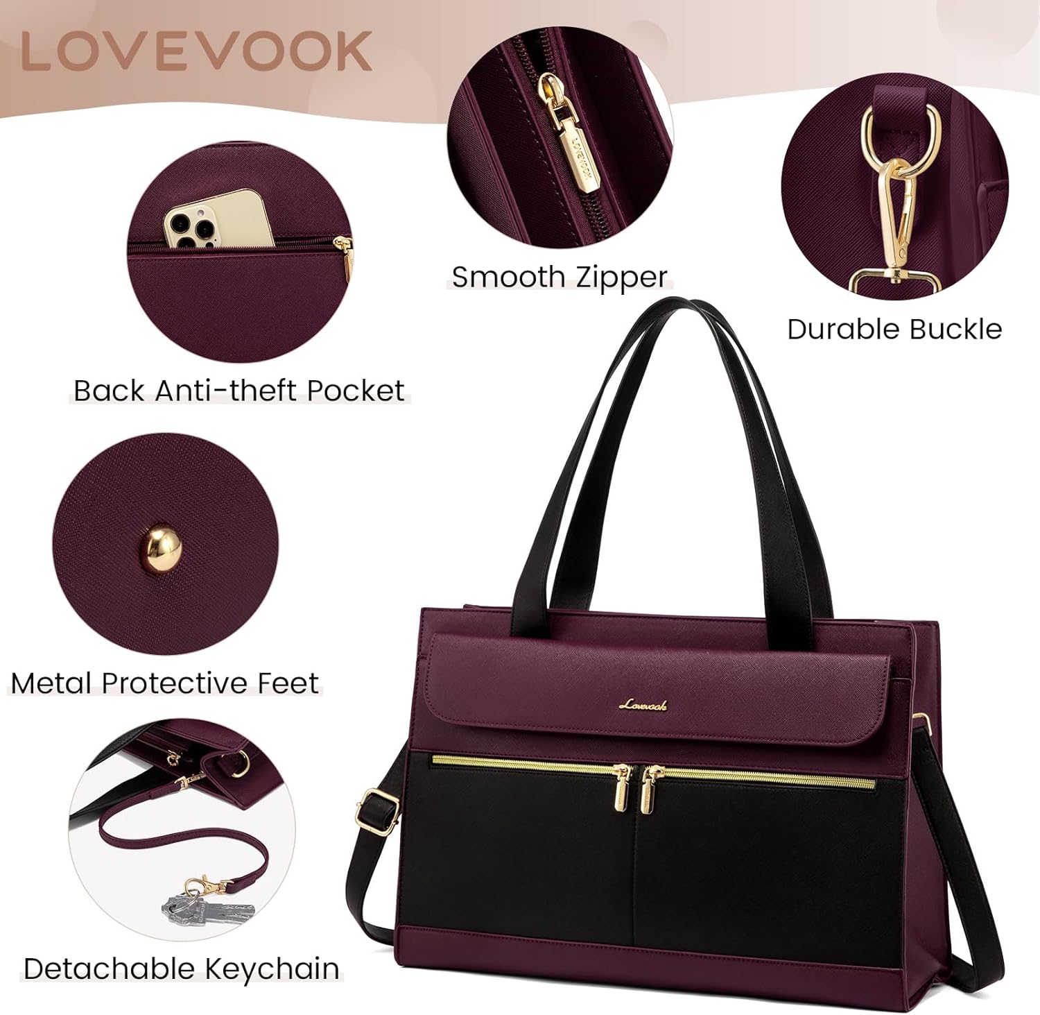 LOVEVOOK Laptop Bag for Women 15.6 Inch Tote Work Professional Leather Computer Briefcase